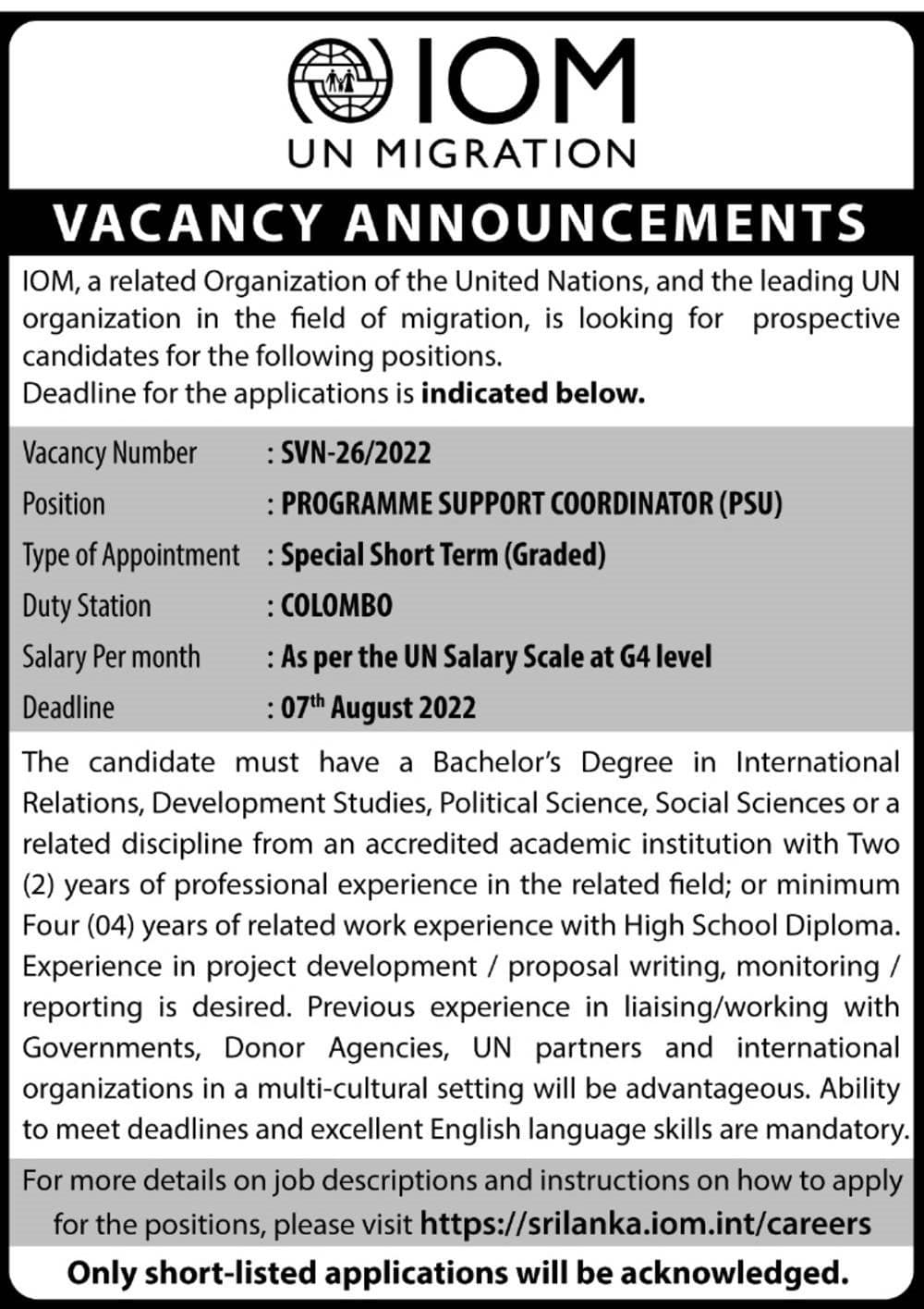 Programme Support Coordinator Job Vacancy in IOM UN Migration Jobs Vacancies