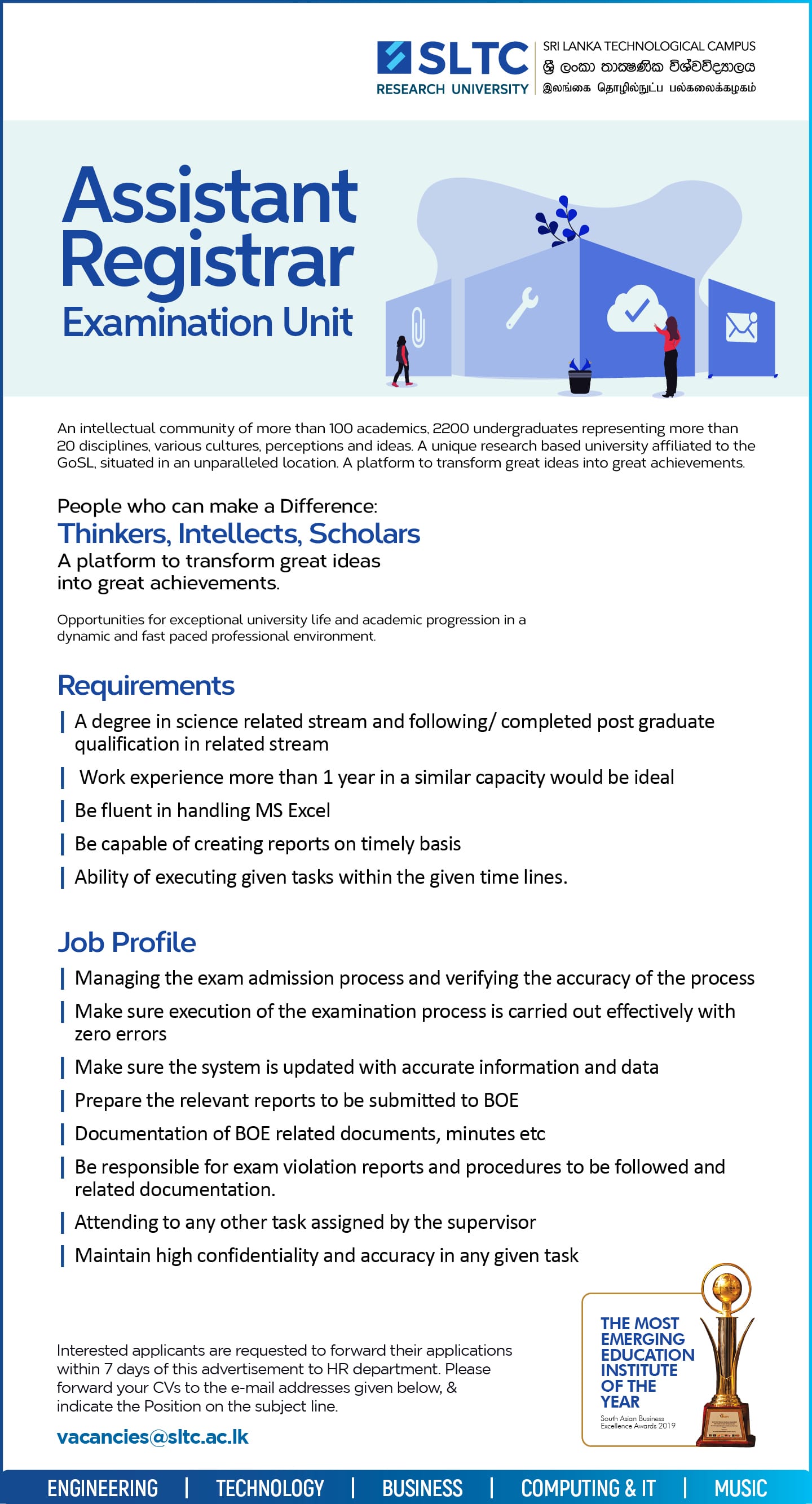 Assistant Registrar (Exam Unit) Job Vacancy in SLTC 2022 Jobs Vacancies