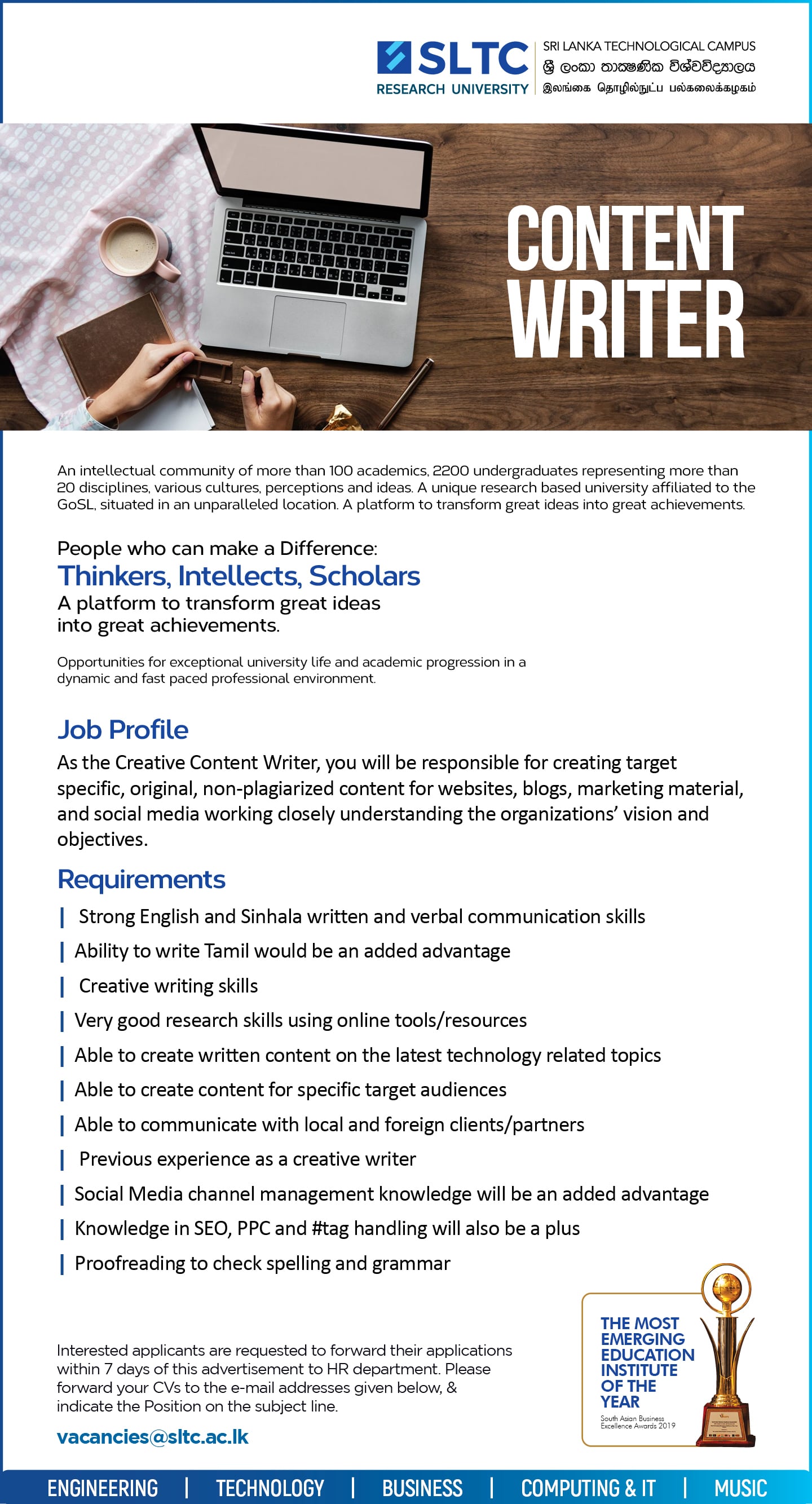 Content Writer Job Vacancy 2022 in SLTC Sri Lanka Telecom Training Centre Jobs Vacancies