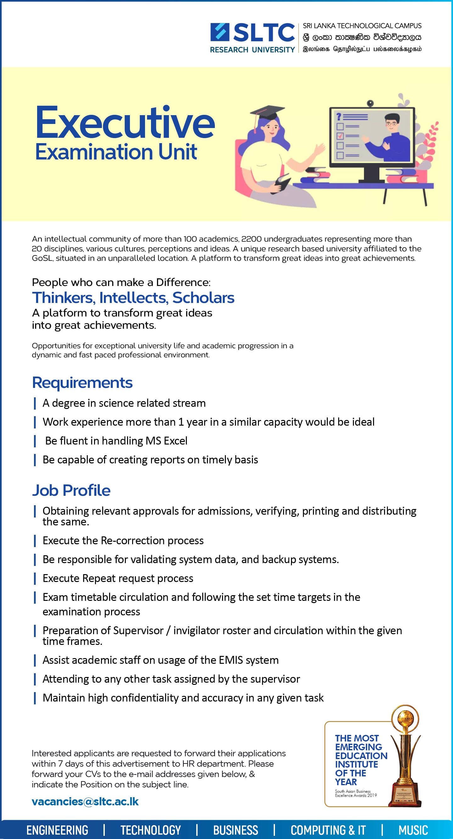Executive (Examination Unit) Job Vacancy 2022 in SLTC Sri Lanka Telecom Training Centre Jobs Vacancies