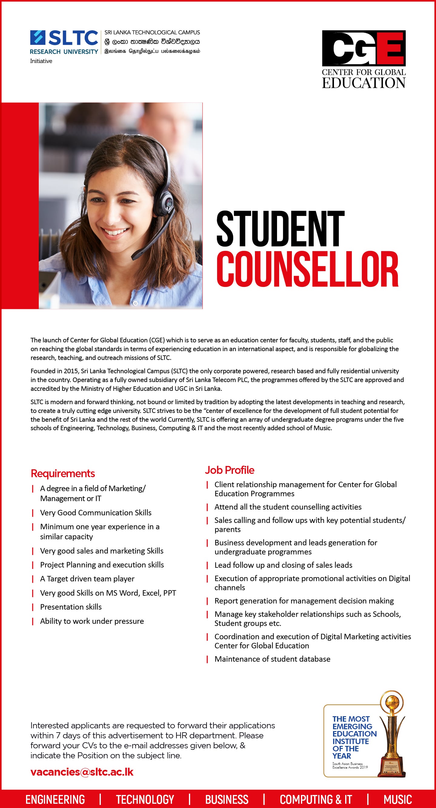 Student Counsellor Job Vacancy 2022 in SLTC Jobs Vacancies