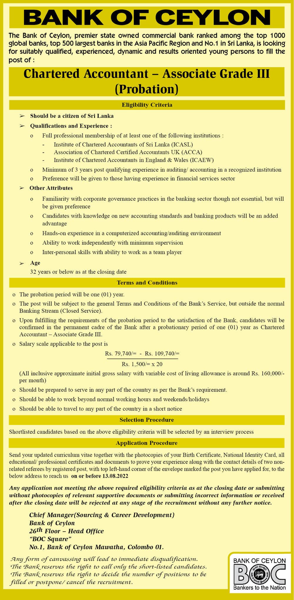 Charted Accountant Job Vacancy 2022 - BOC Bank Jobs Vacancies Details, Application Form