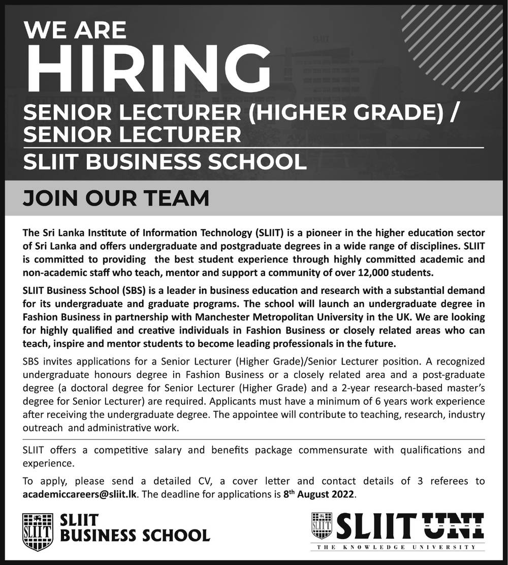 Senior Lectures (High Grade) / Senior Lectures - SLIIT Business School Jobs Vacancies