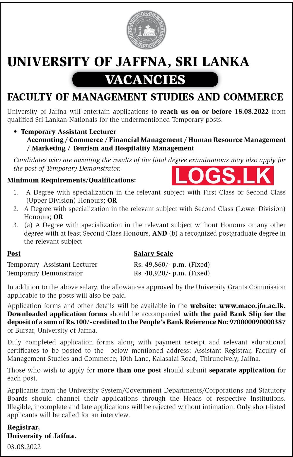 Temporary Assistant Lecturer - University of Jaffna Vacancies 2022 Details, Application