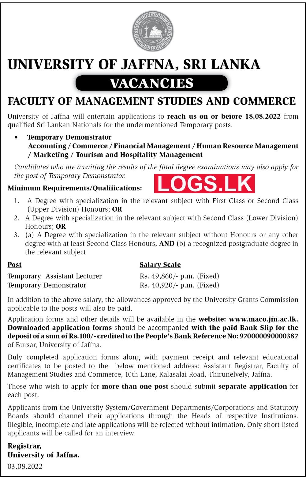 Temporary Demonstrator Vacancies 2022 - University of Jaffna (UOJ) Job Vacancy