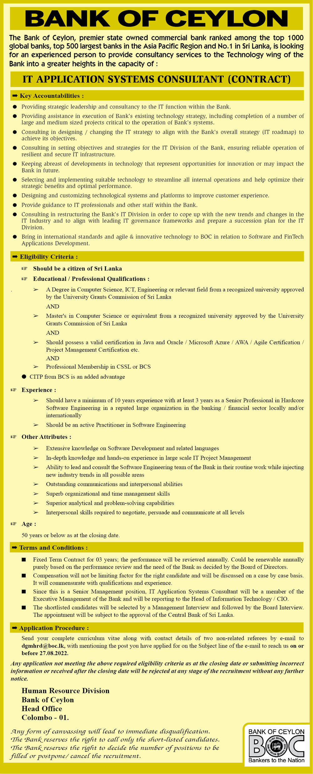 IT Application System Consultant Vacancy in Bank of Ceylon BOC Jobs vacancies
