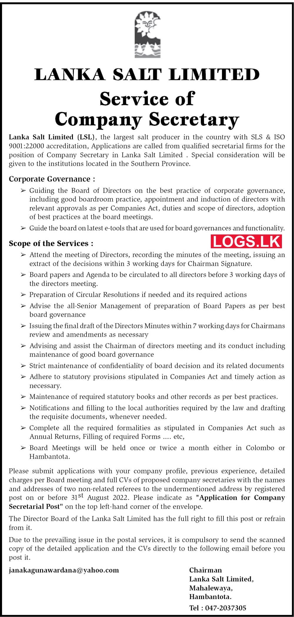 Company Secretary Job Vacancy Lanka Salt Limited Jobs Vacancies