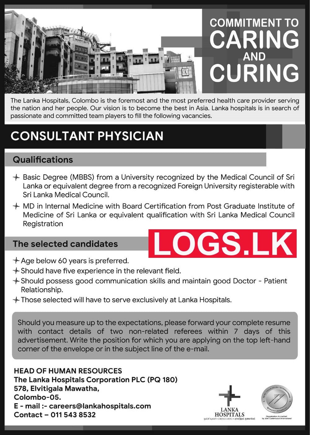 Consultant Physician Job Vacancy in Lanka Hospital Jobs Vacancies Details