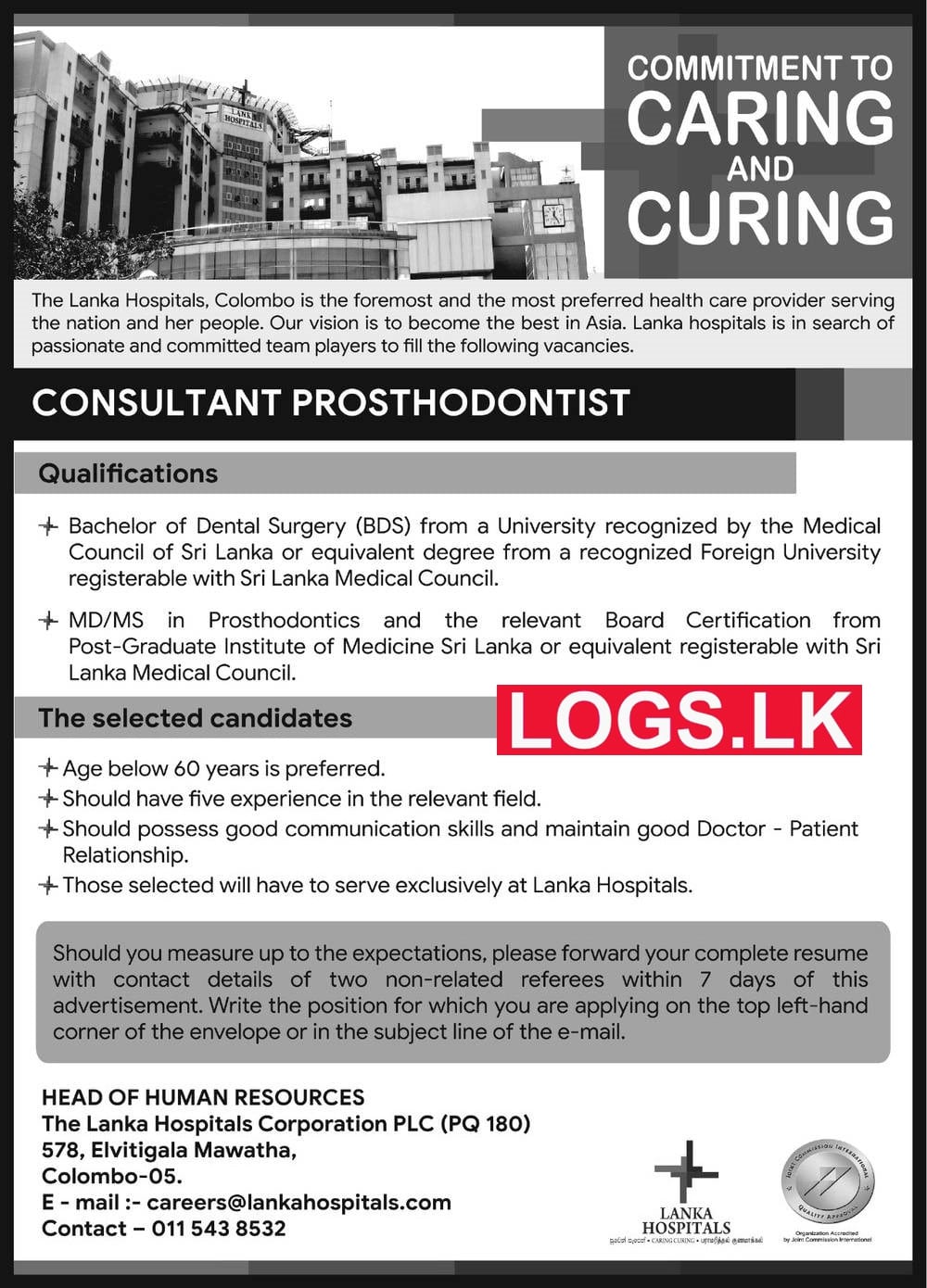 Consultant Prosthodontist Job Vacancy in Lanka Hospital Jobs Vacancies