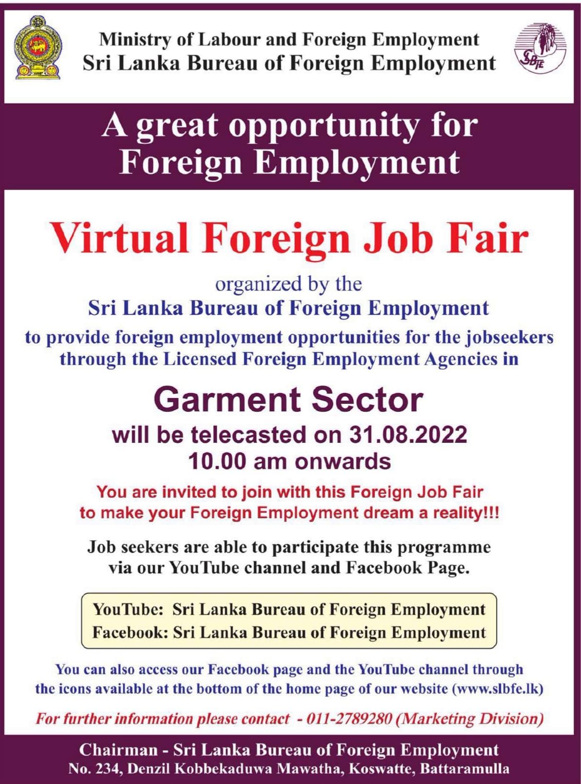 Online Virtual Foreign Job Fair 2022 - SLBFE Sri Lanka Bureau of Foreign Employment