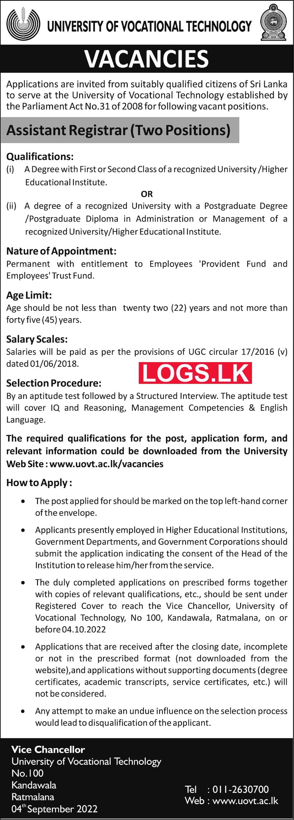 Assistant Registrar Job Vacancies in UNIVOTECH Details, Application Form