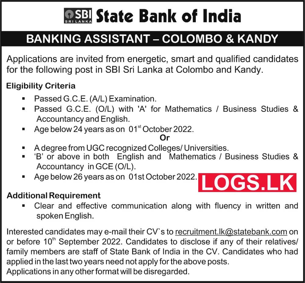 Banking Assistant Jobs Vacancies in State Bank of India Application, Details