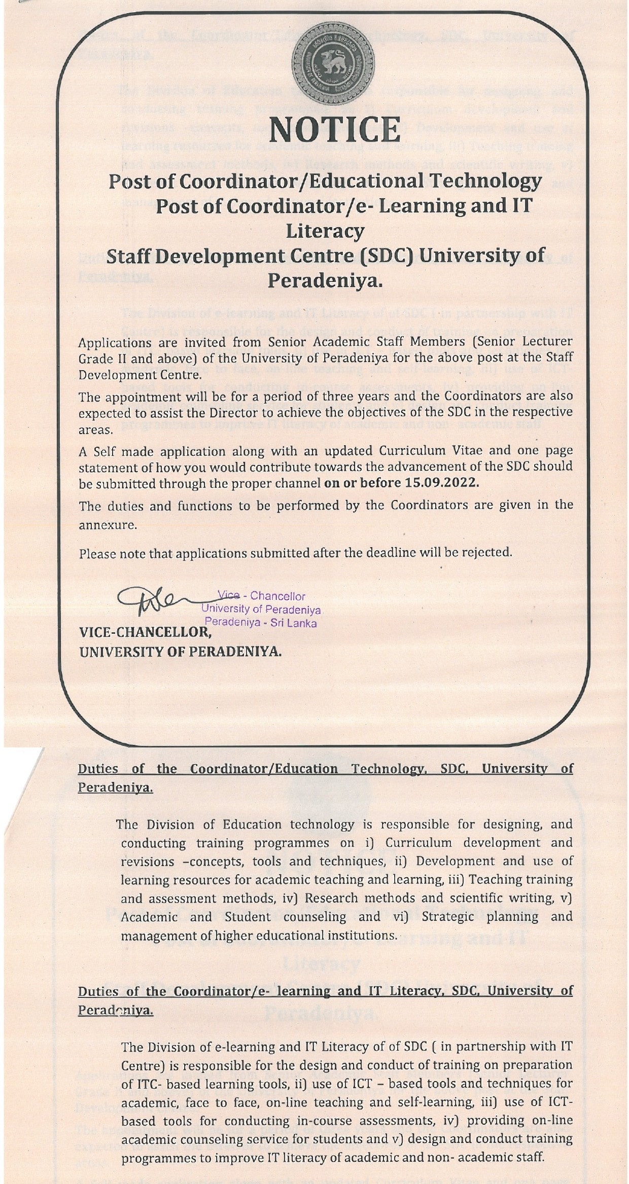 Coordinator Vacancies 2022 in University of Peradeniya Application Form