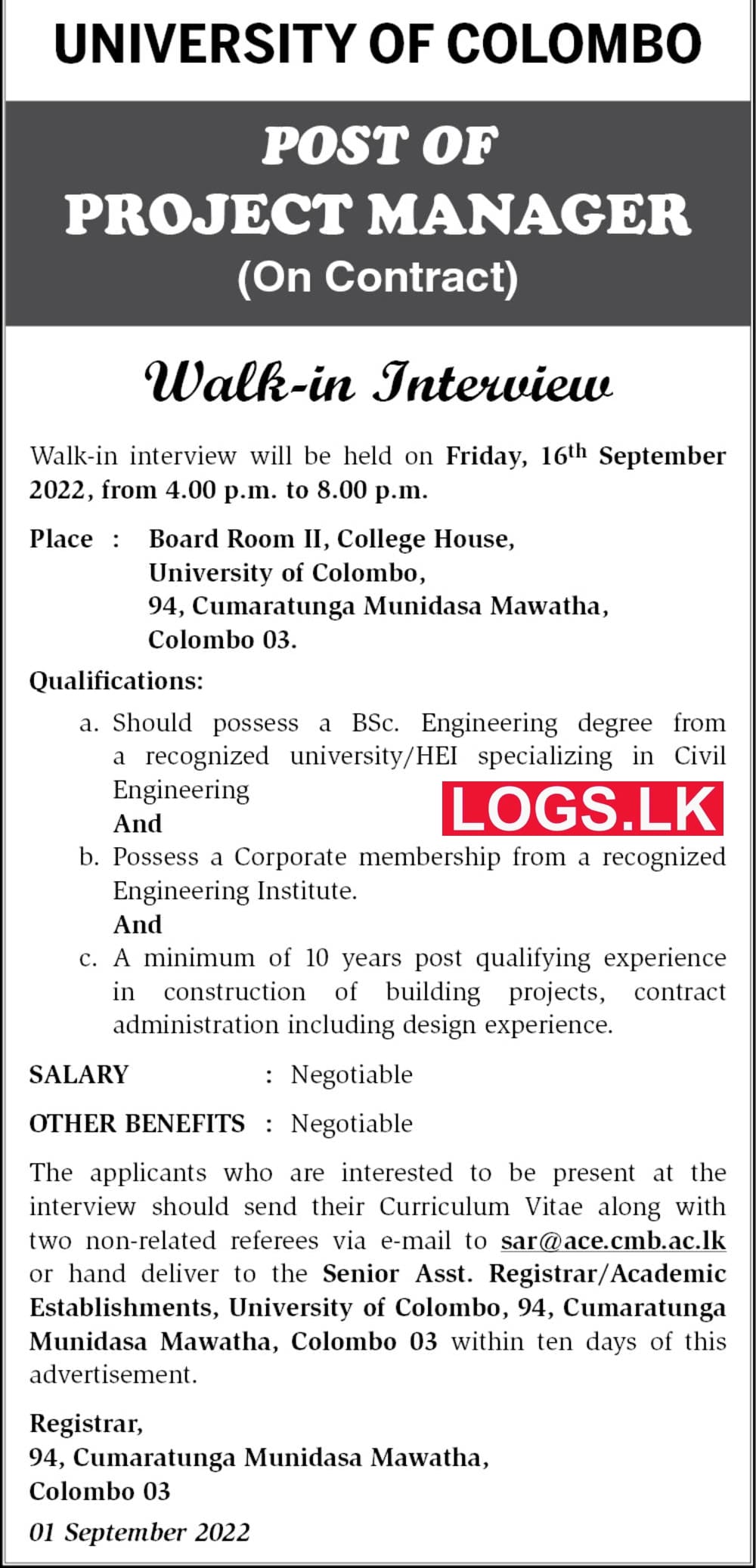Project Manager Job Interview 2022 - University of Colombo Jobs Vacancies