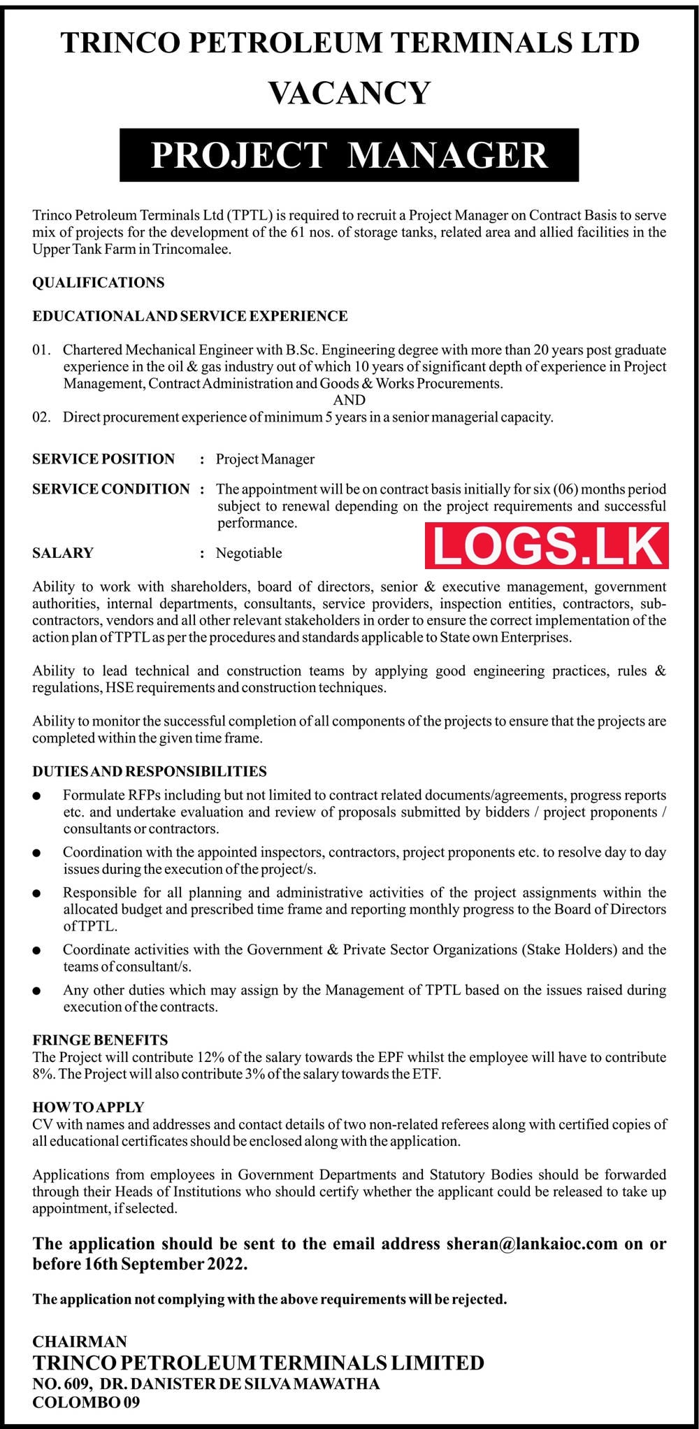 Manager Job Vacancy in Trinco Ceylon Petroleum Storage Terminals Jobs Vacancies
