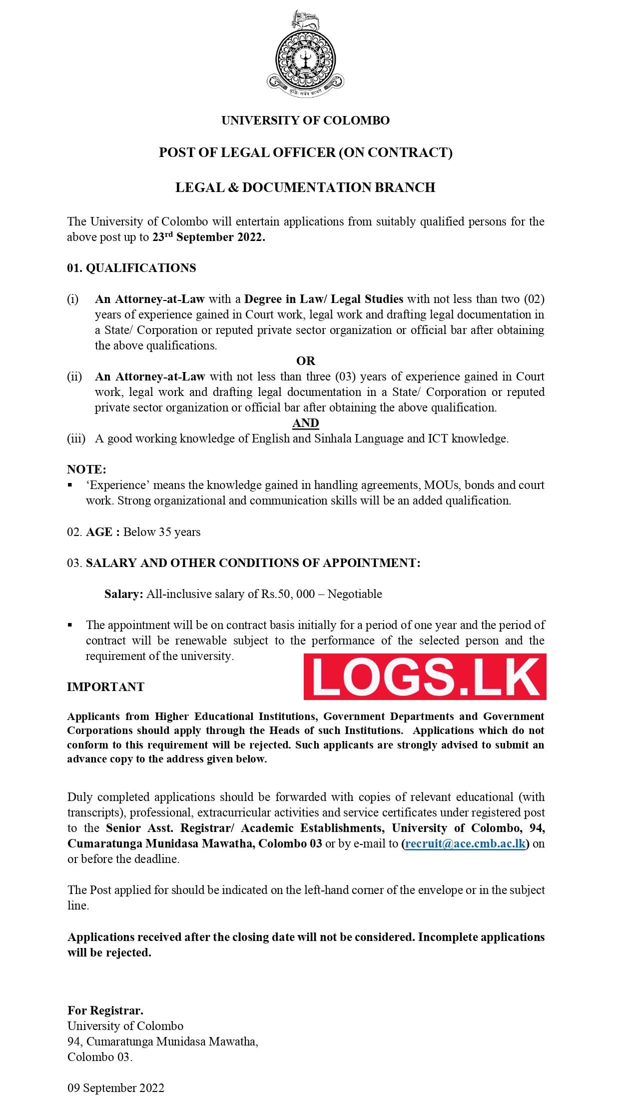 Legal Officer - University of Colombo Vacancies 2022 Details, Application