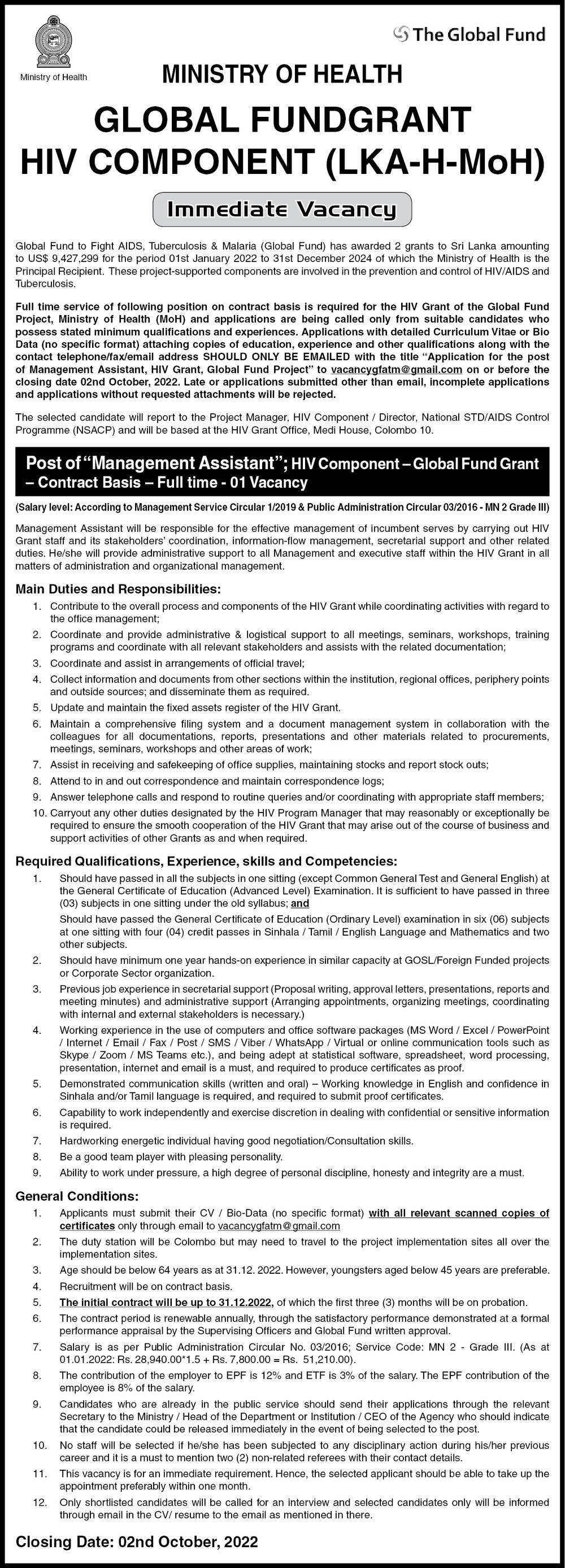 Management Assistant Job Vacancy 2022 in Ministry of Health Jobs Vacancies