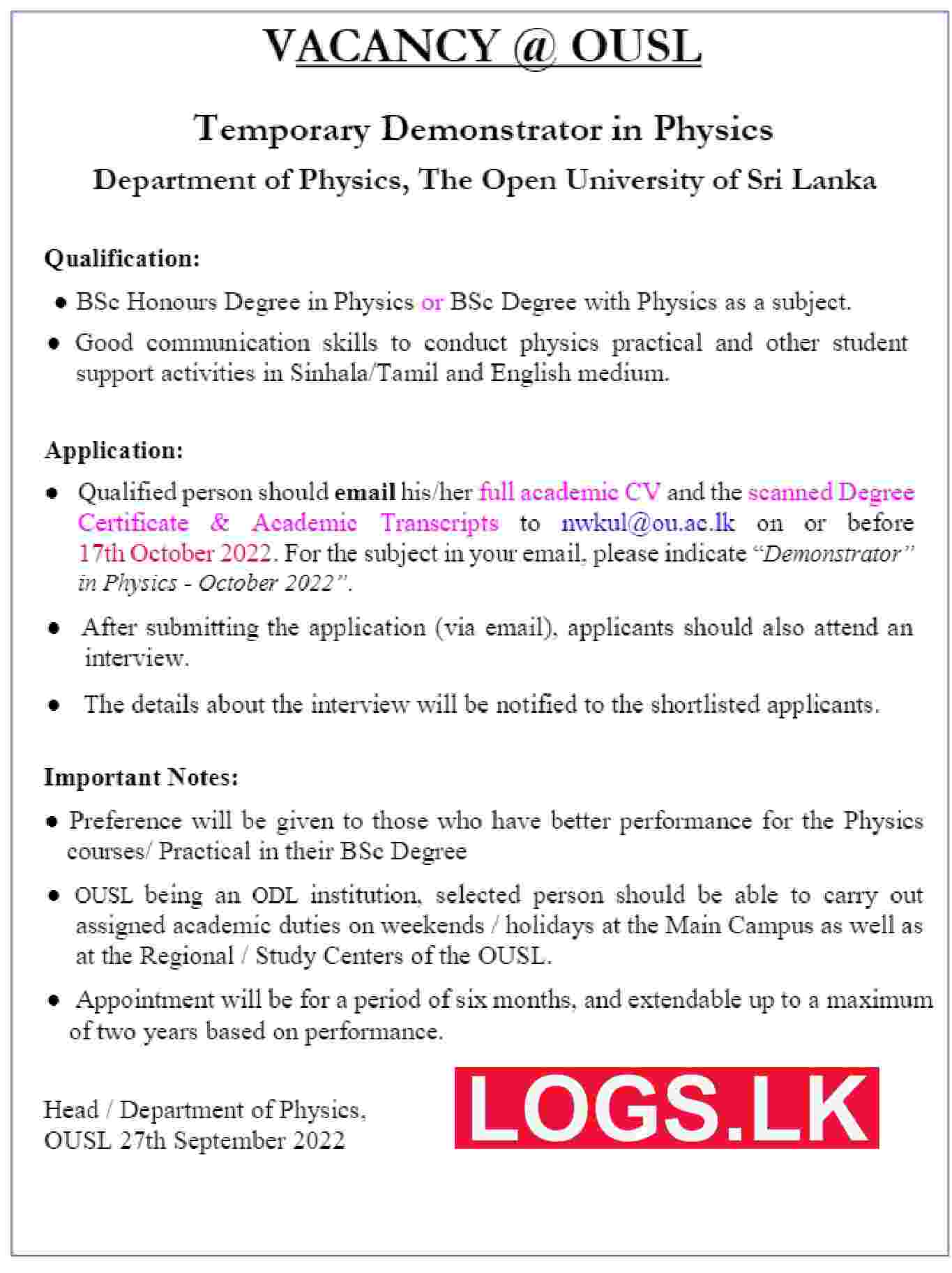 Temporary Demonstrator Vacancies 2022 - Open University of Sri Lanka