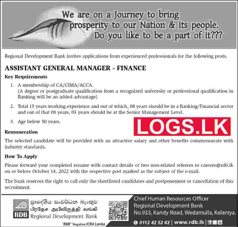 Assistant General Manager - Finance Job Vacancy in RDB Bank Jobs Vacancies