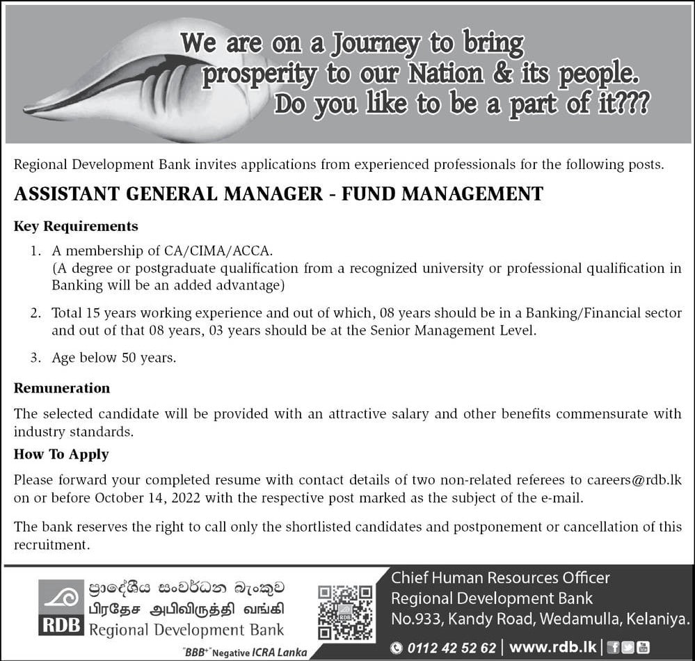 Assistant General Manager - Fund Management Job Vacancy in RDB Bank Jobs Vacancies