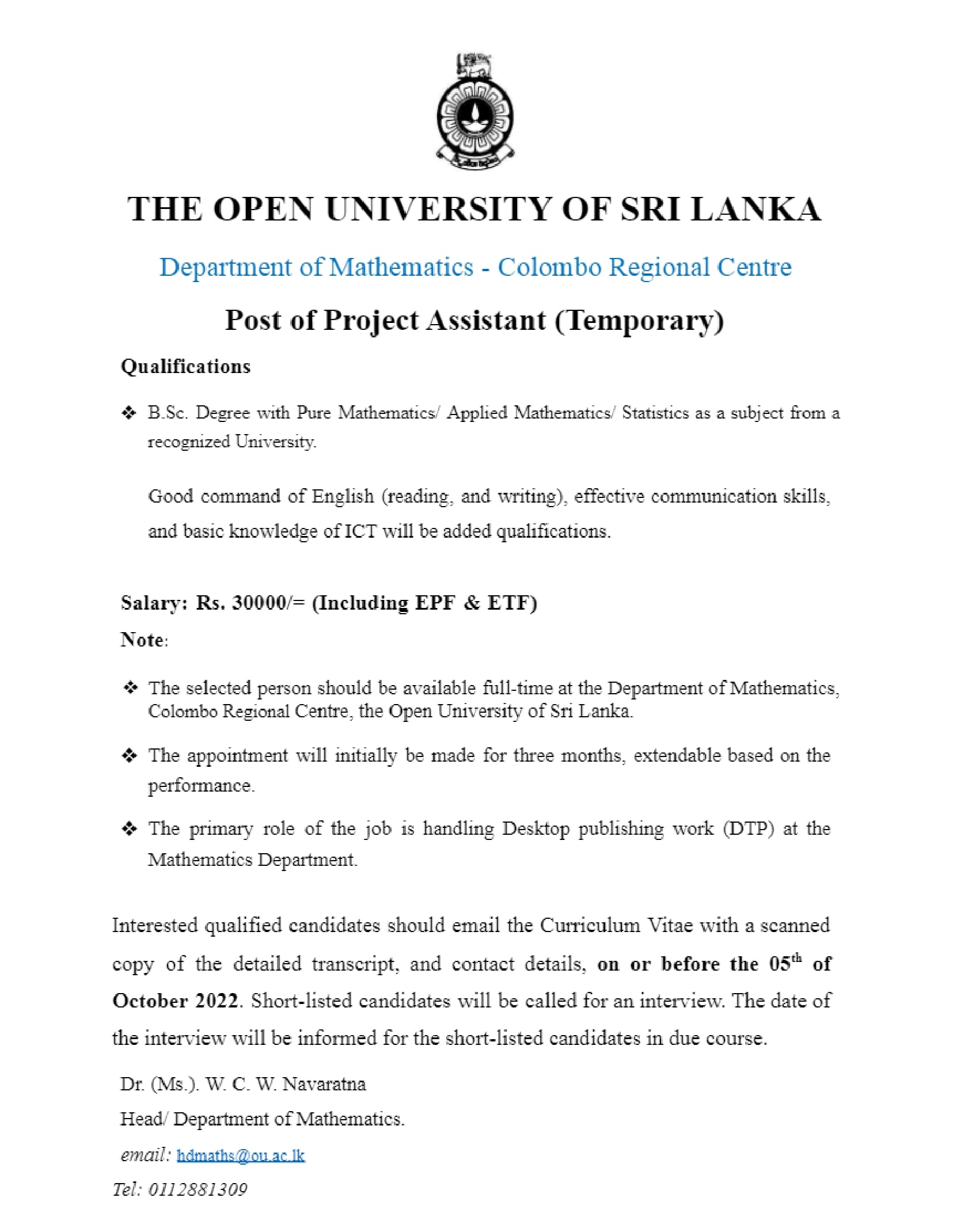 Project Assistant Vacancies in OUSL Department of Mathematics Open University