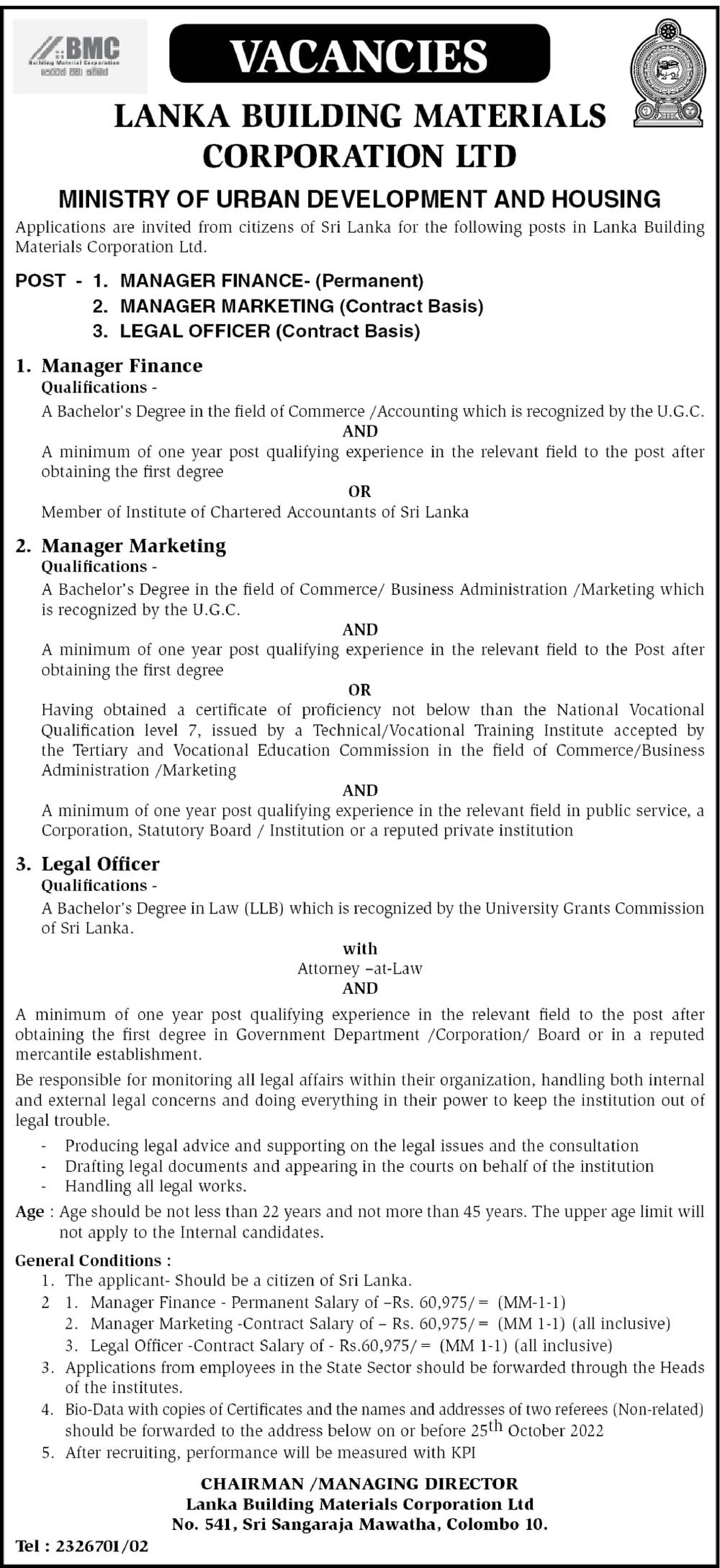 Manager / Legal Officer - Building Materials Corporation Jobs Vacancies
