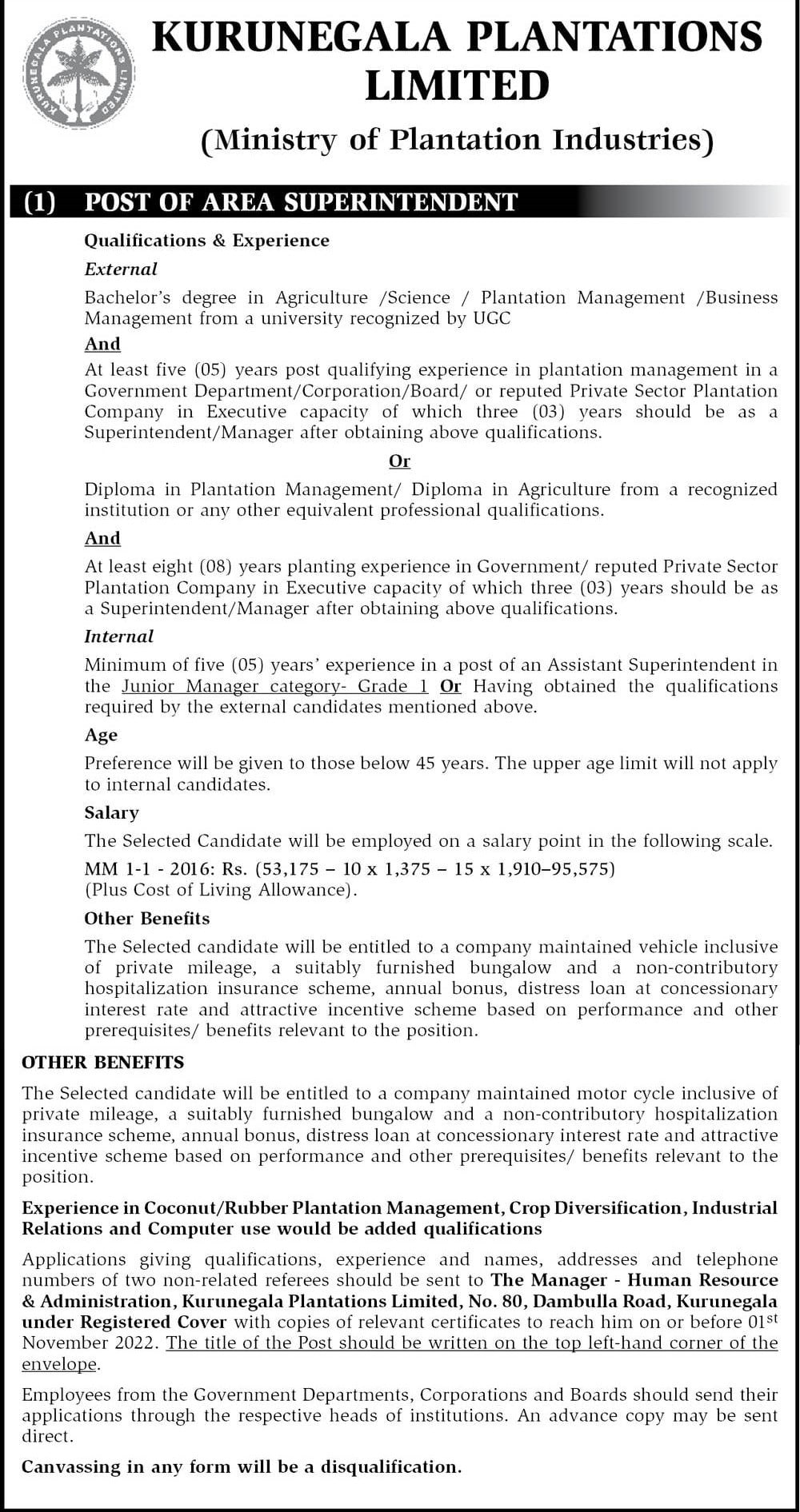 Area Superintendent Job Vacancy in Kurunegala Plantations Ltd Jobs Vacancies
