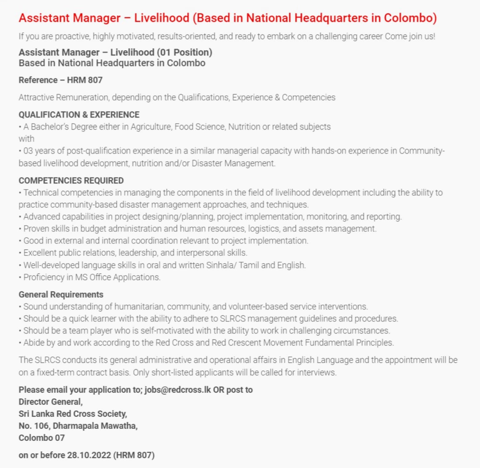 Assistant Manager Vacancies in Sri Lanka - Red Cross Society Jobs Vacancies
