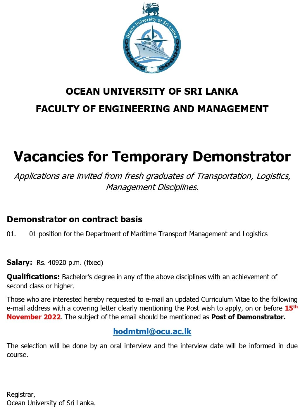 Temporary Demonstrator - Ocean University Vacancies 2022 Details Application Form