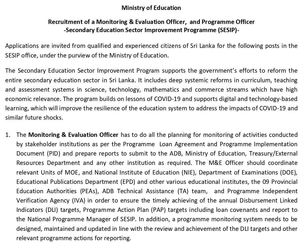 Monitoring & Evaluation Officer Job Vacancy in Ministry of Education Jobs Vacancies