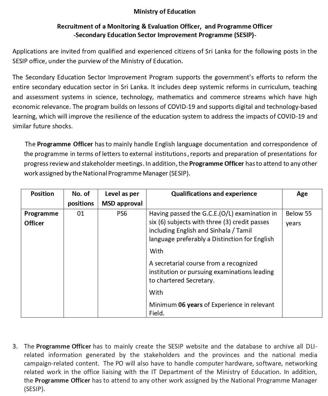 Programme Officer Job Vacancy in Ministry of Education Jobs Vacancies