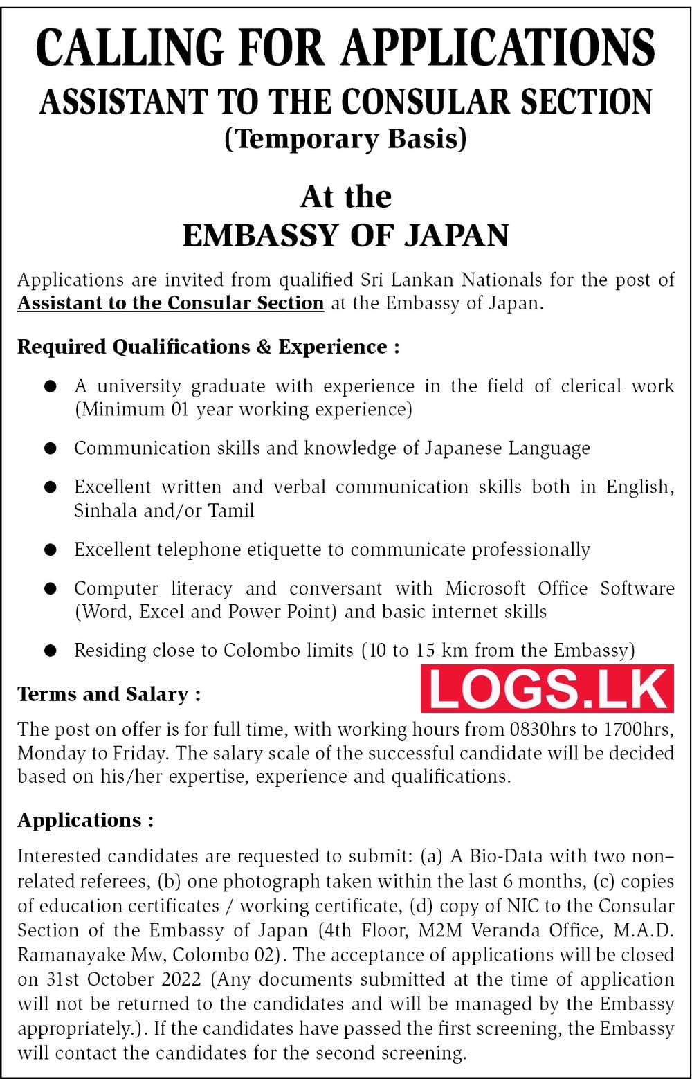 Assistant to the Consular Section Job Vacancy in Japan Embassy Jobs Vacancies