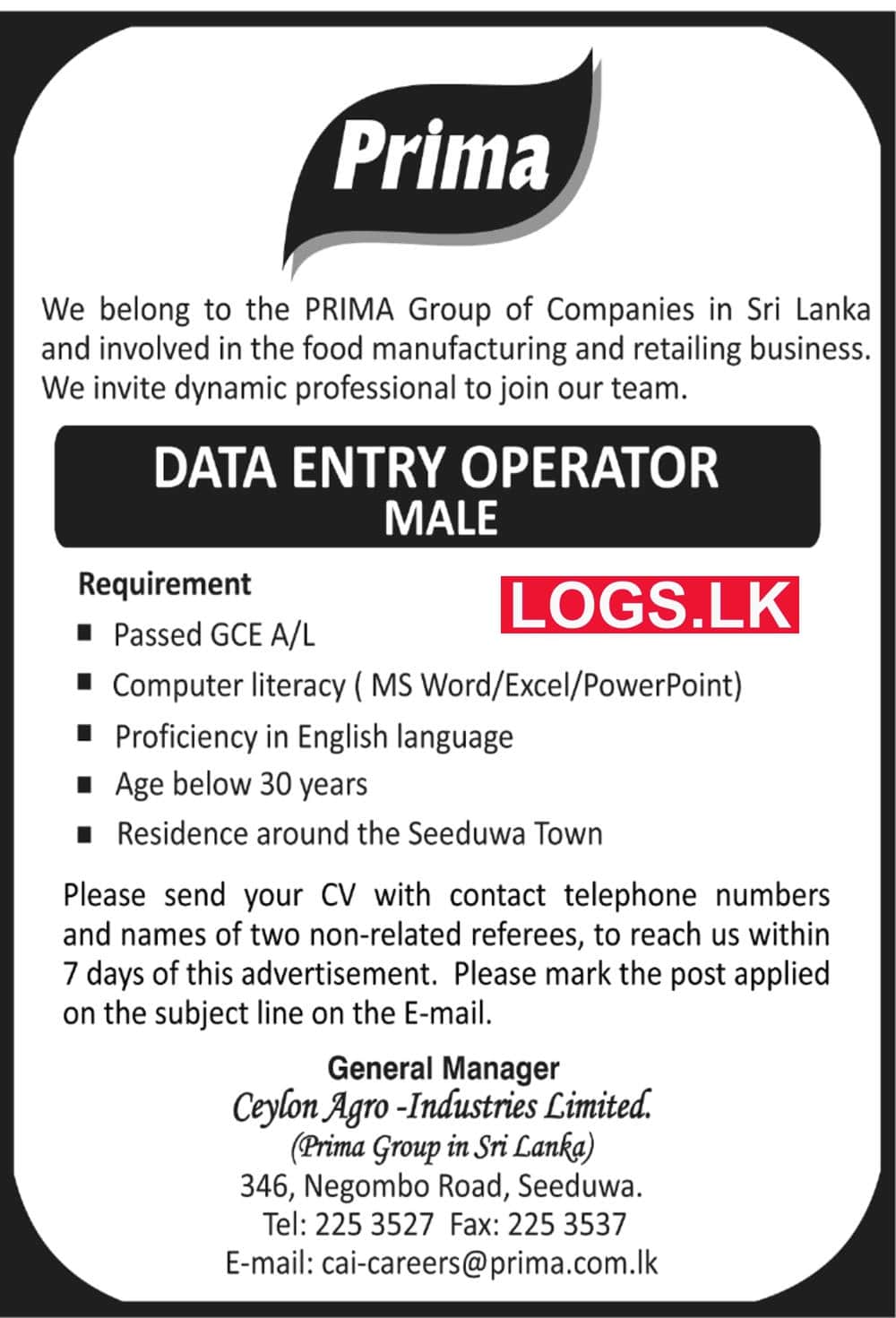 Data Entry Operator Male Job Vacancy in Prima Jobs Vacancies