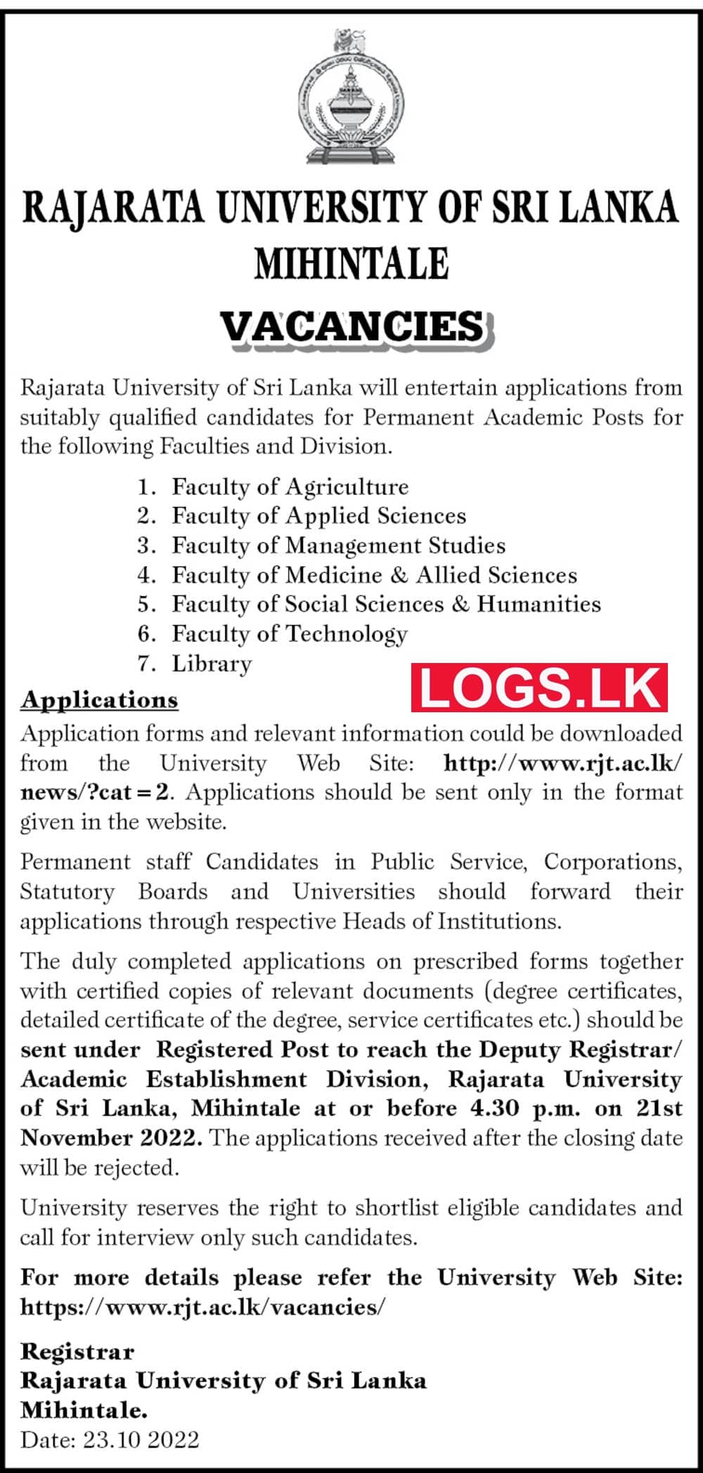 Permanent Jobs Vacancies 2022 in Rajarata University