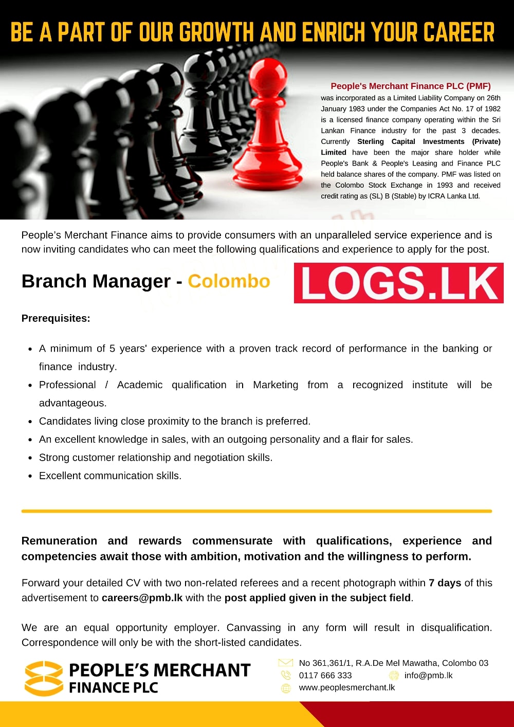 Branch Manager – Colombo Job Vacancy in Peoples Merchant Finance Jobs Vacancies
