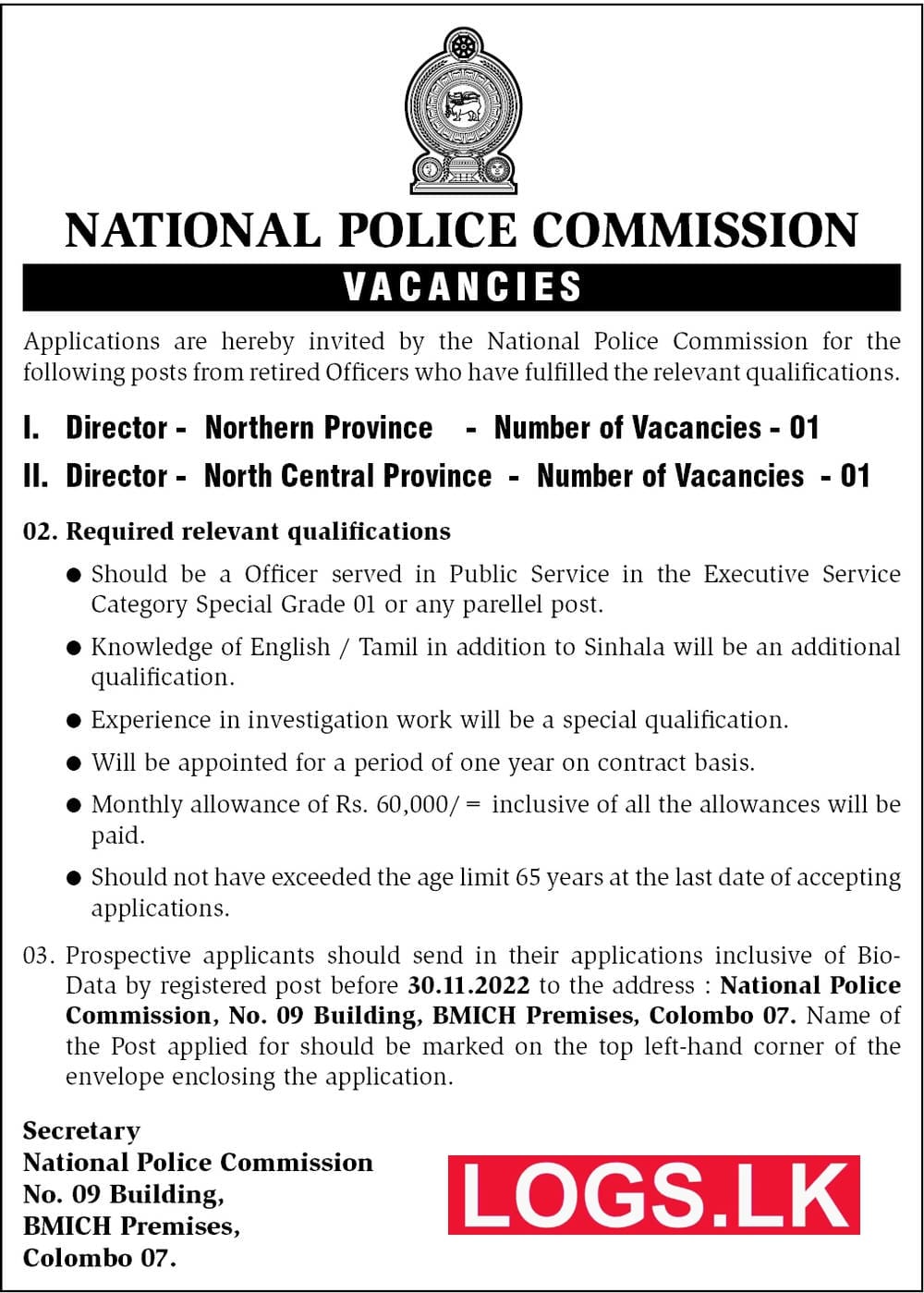 Director Job Vacancy in Northern Province National Police Commission Jobs Vacancies