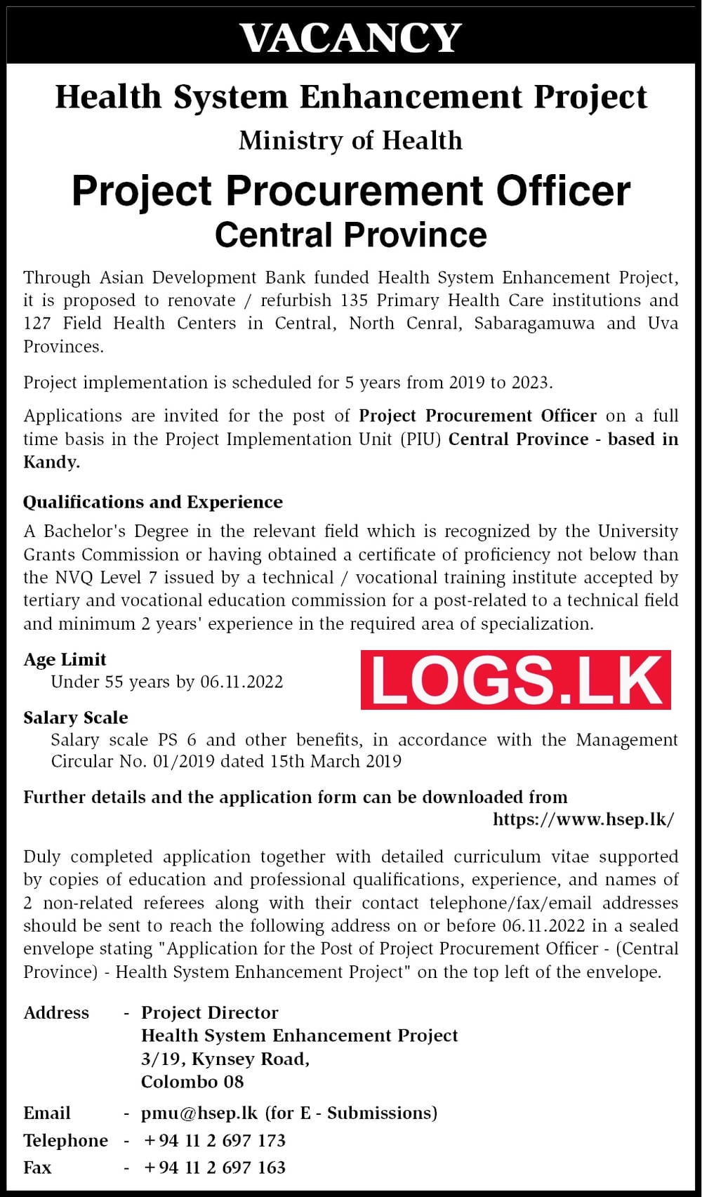 Project Procurement Officer Job Vacancy in Central Province MOH Ministry of Health Jobs Vacancies