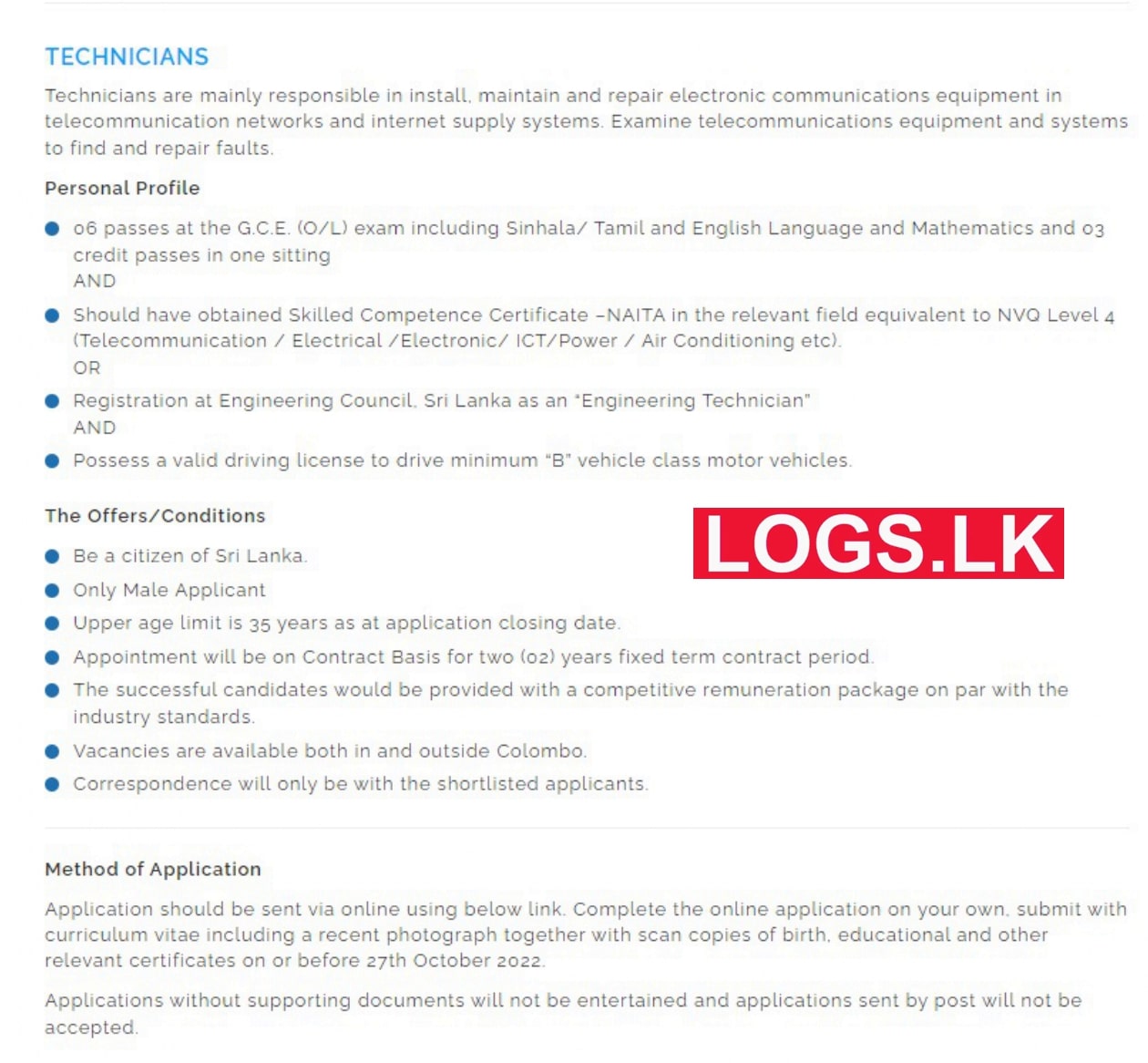 Technician Jobs Vacancies in SLT Mobitel Job Vacancy Details, Application Form