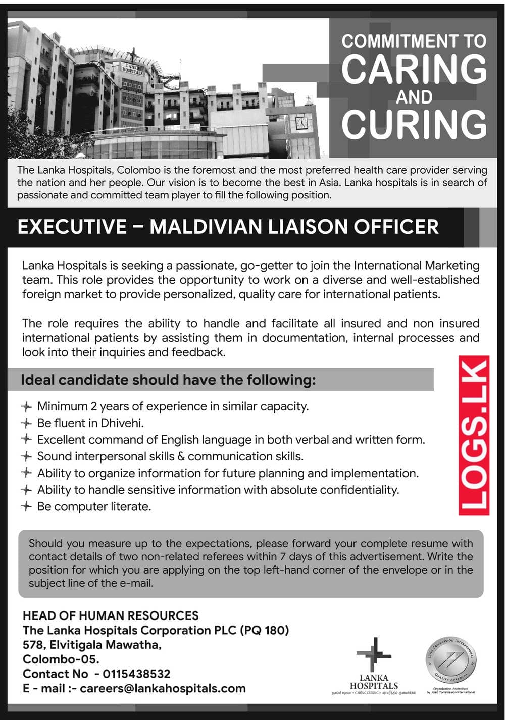 Executive - Maldivian Liaison Officer Vacancy in Lanka Hospitals Jobs Vacancies