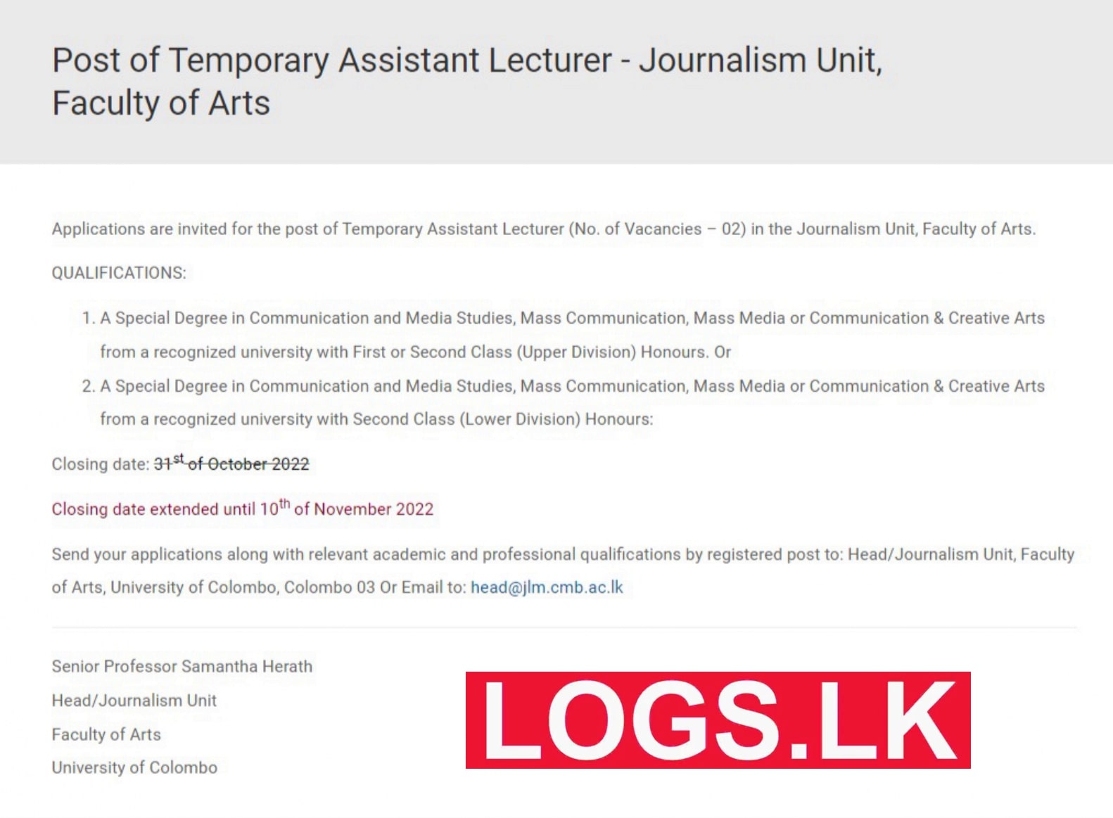 Temporary Assistant Lecturer - University of Colombo Vacancies 2022 Jobs Vacancies
