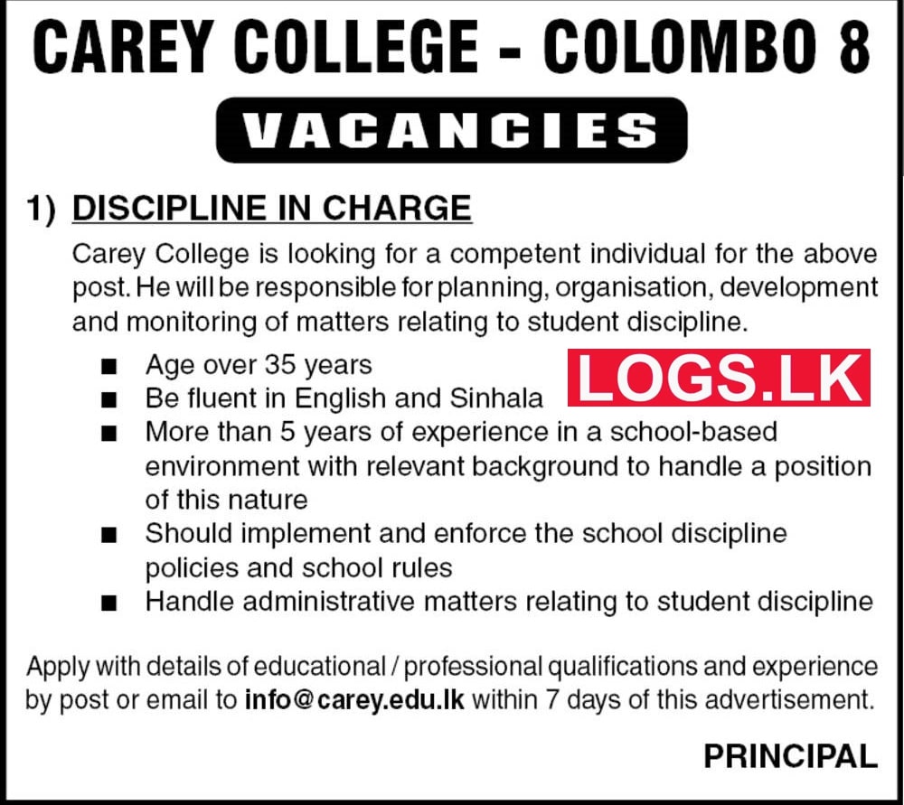 Discipline In Charge Job Vacancy in Carey College Jobs Vacancies