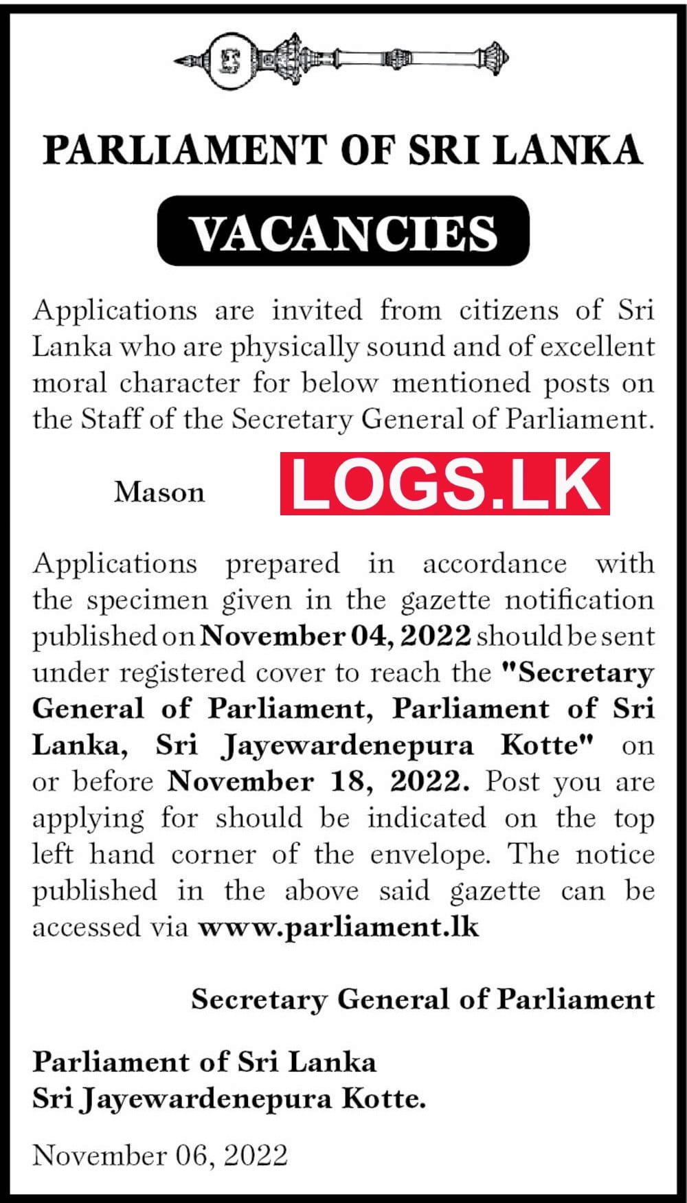 Mason Job Vacancy in Sri Lanka Parliament Jobs Vacancies Details Download in Sinhala tamil English