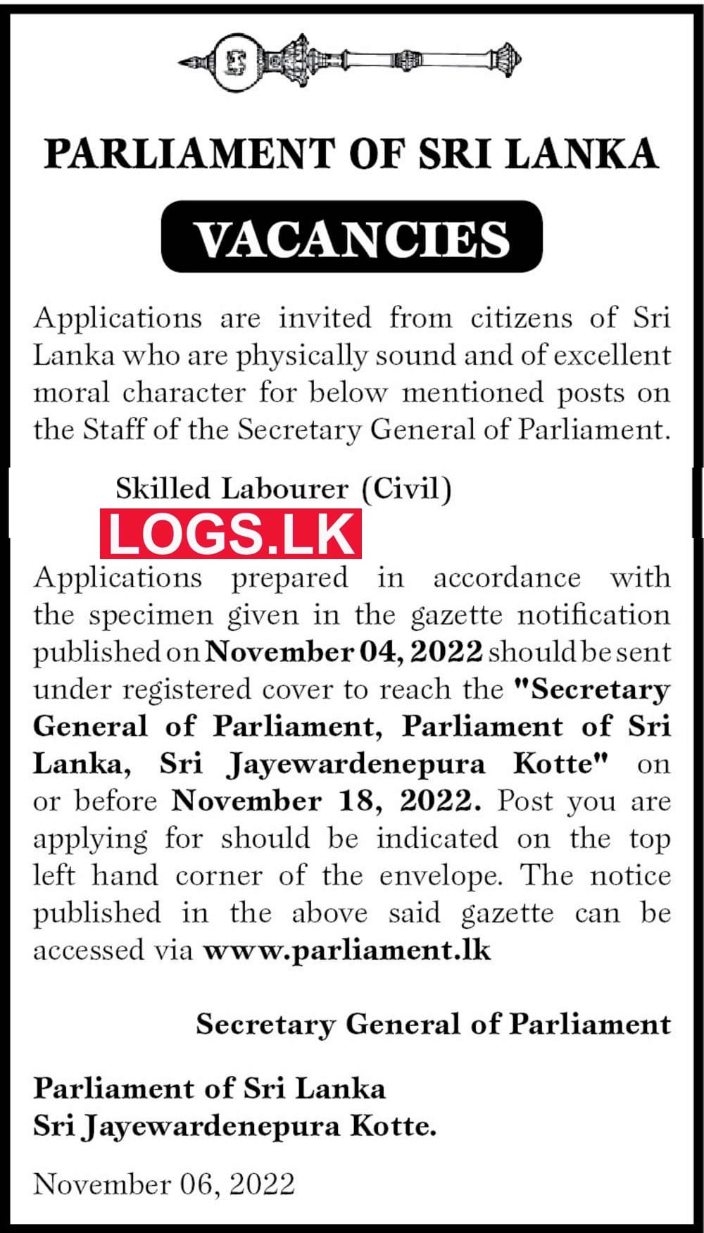 Skilled Labourer (Civil) Job Vacancy in Sri Lanka Parliament Jobs Vacancies