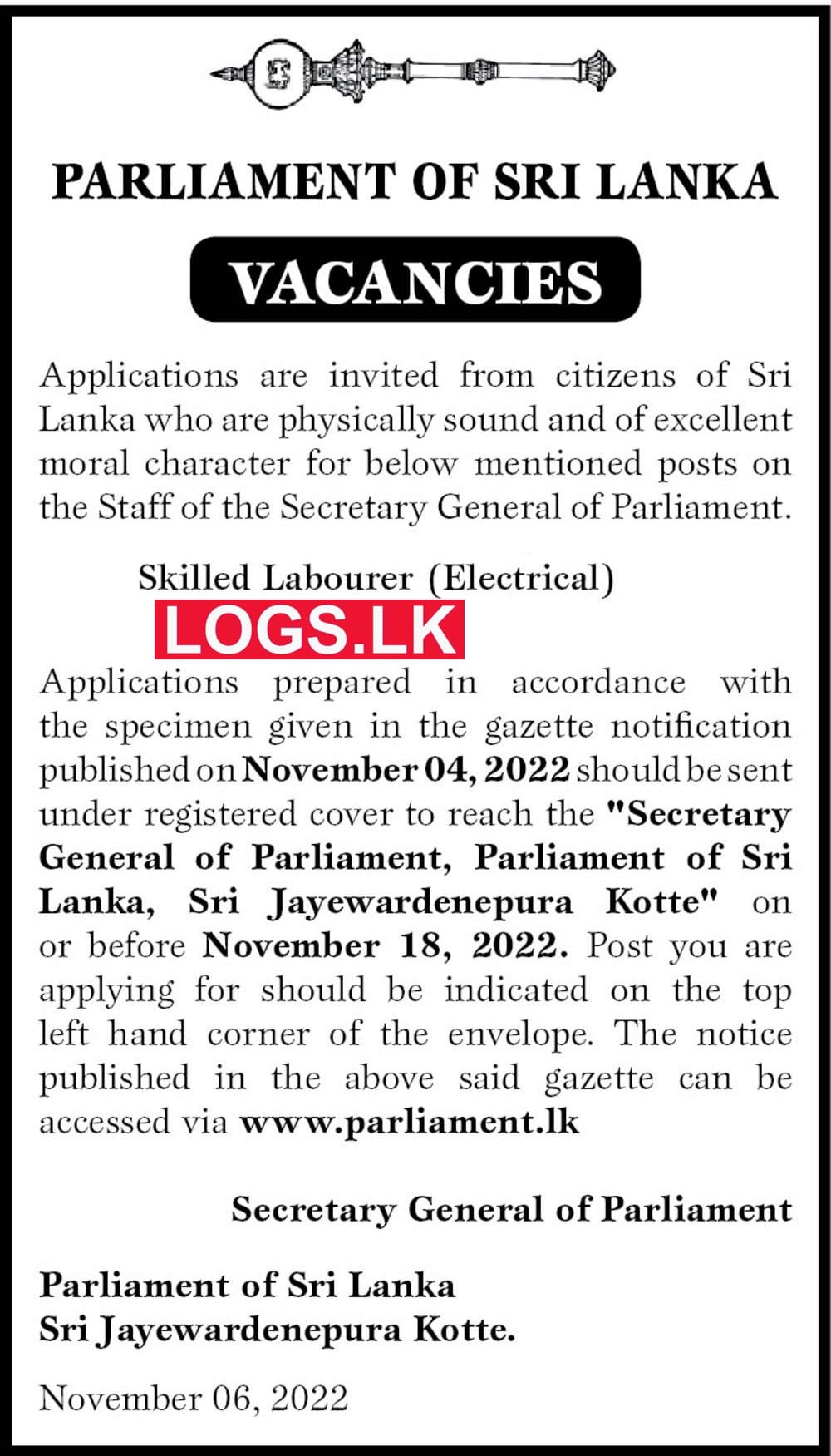 Skilled Labourer (Electrical) Job Vacancy in Sri Lanka Parliament Jobs Vacancies