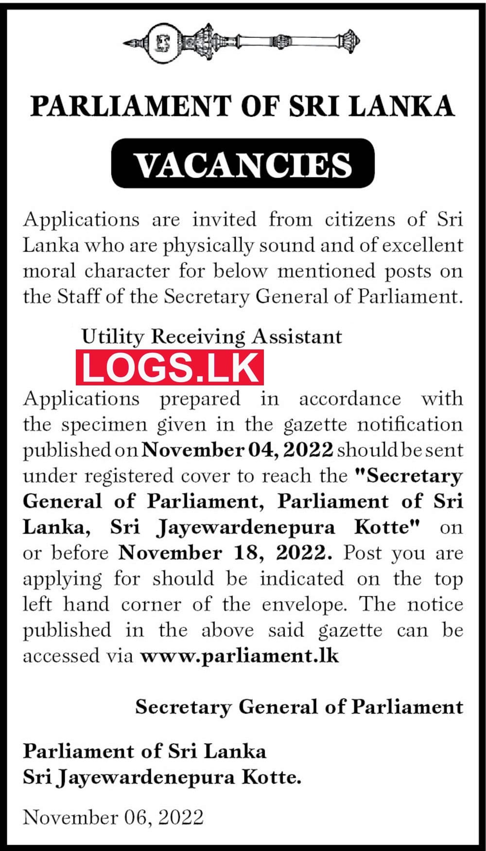 Utility Receiving Assistant Job Vacancy in Sri Lanka Parliament Jobs Vacancies