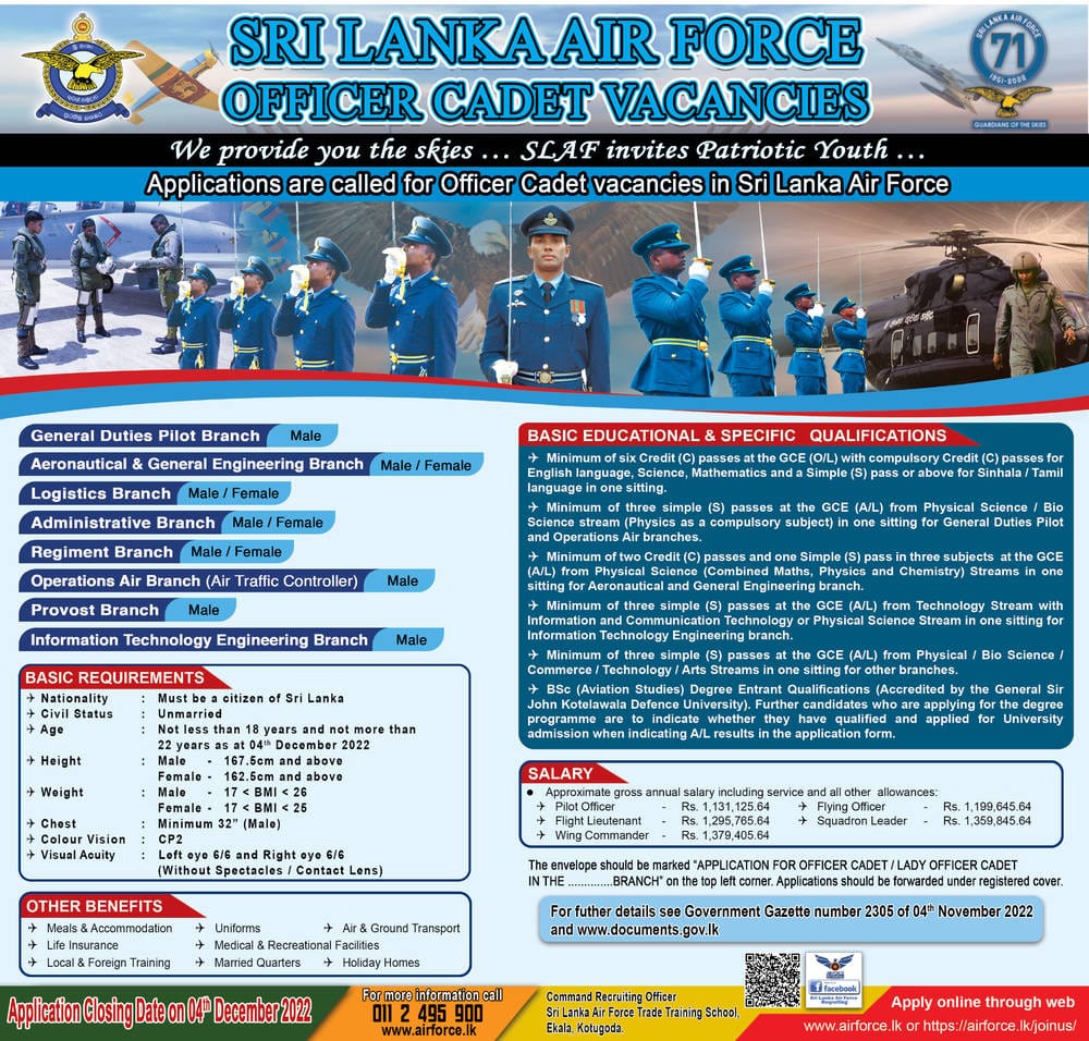 Sri Lanka Air Force Officer Cadet Jobs Vacancies 2022 Details, Application Form Download
