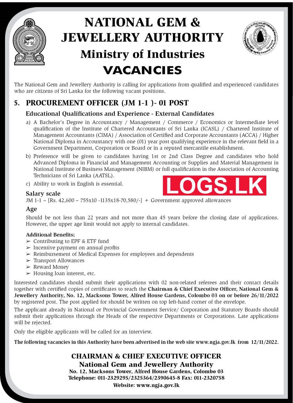 Procurement Officer Job Vacancy in National Gem & Jewellery Authority Jobs Vacancies