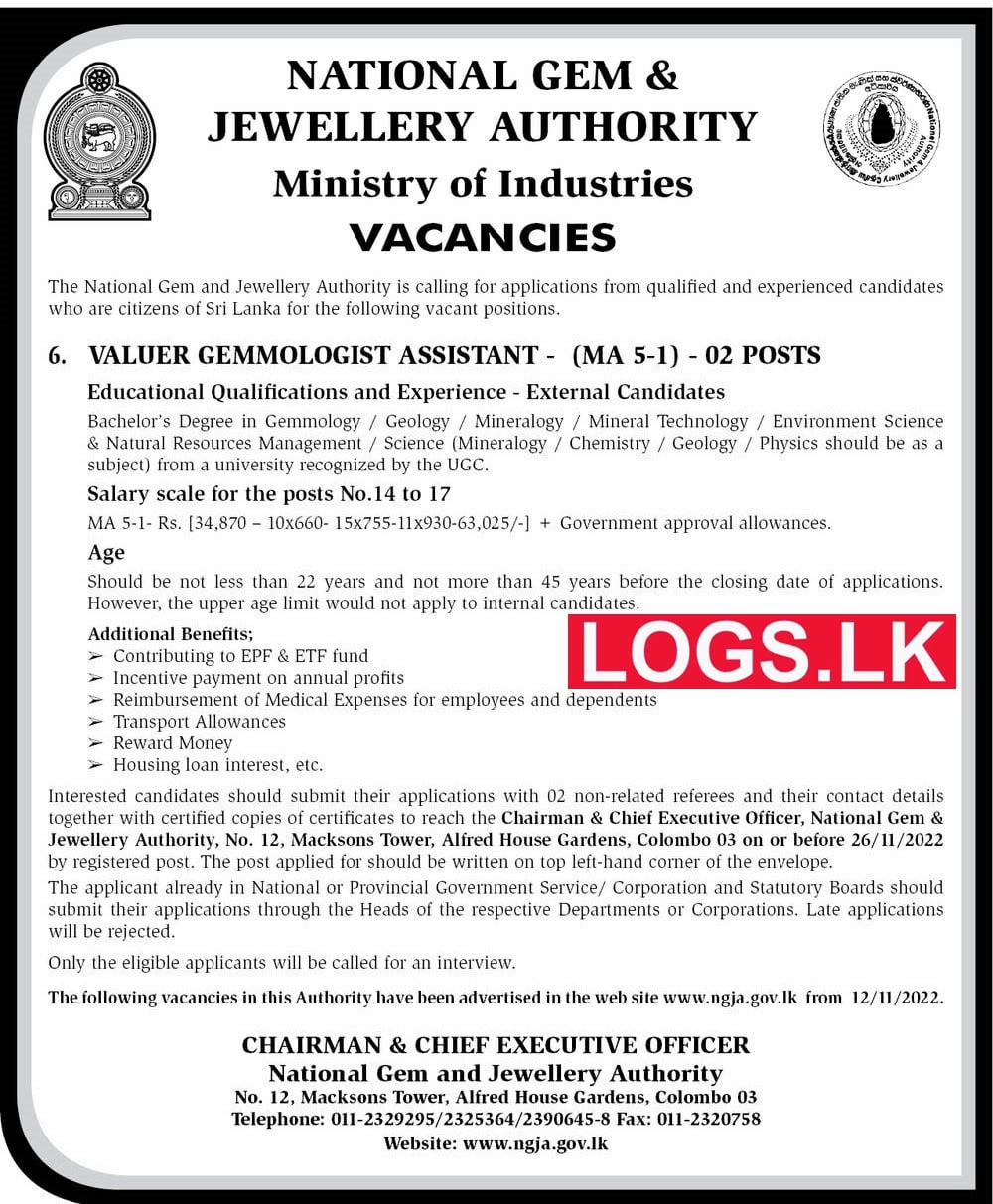 Valuer Gemmologist Assistant Job Vacancy in National Gem & Jewellery Authority Jobs Vacancies