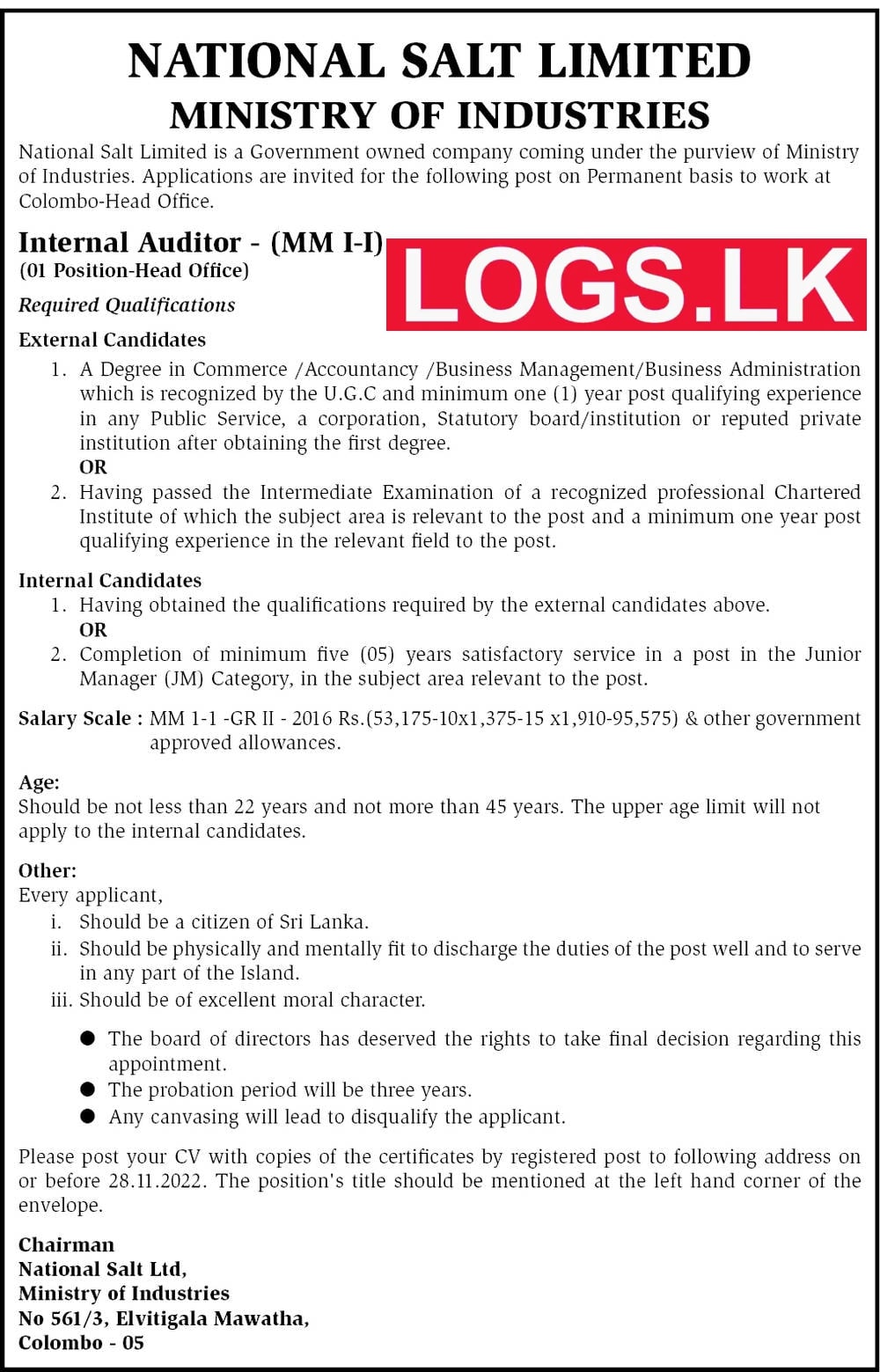 Internal Auditor Job Vacancy in National Salt Limited Jobs Vacancies Details, Application Form Download