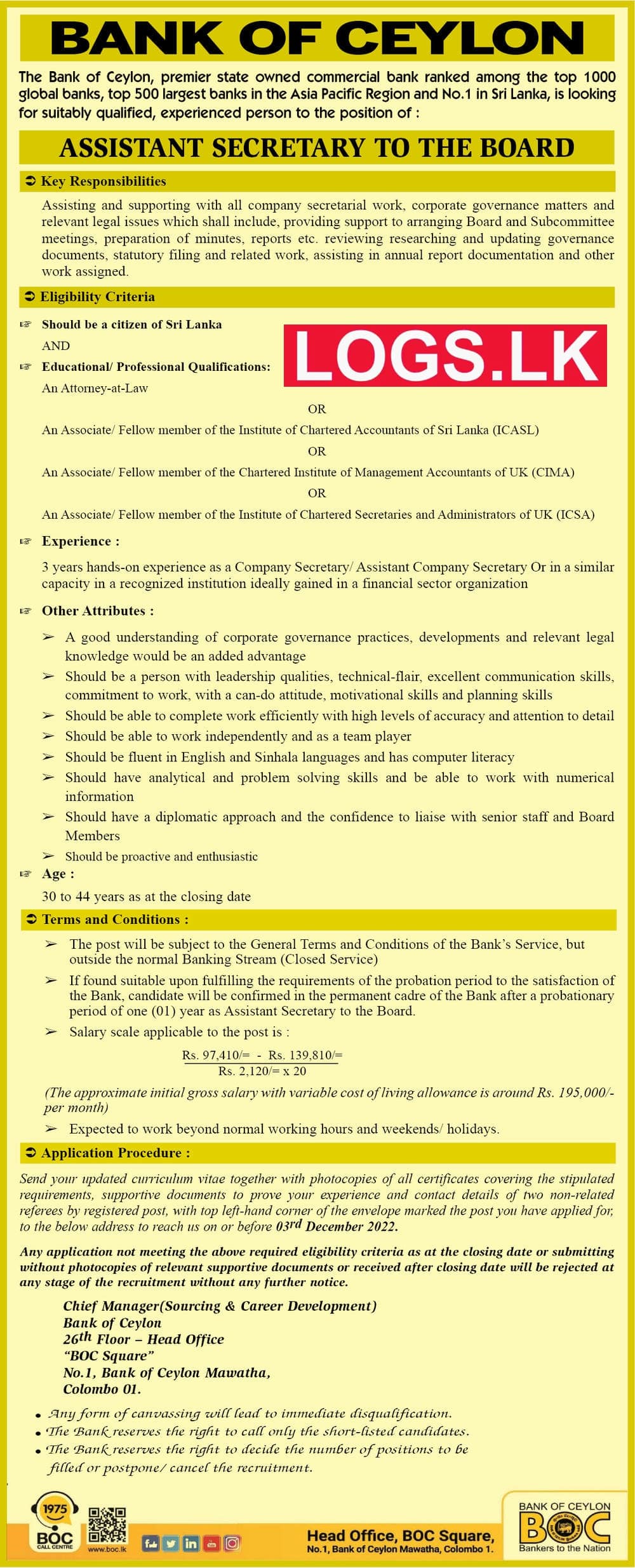 Assistant Secretary to the Board Job Vacancy in BOC Bank Bank of Ceylon Jobs Vacancies Details, Application Form Download